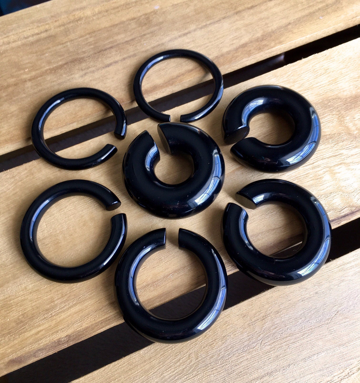 PAIR of Unique Organic Black Onyx Stone Hoops Ear Weight Hanging Plugs - Gauges 4g (5mm) up to 5/8" (16mm) available!