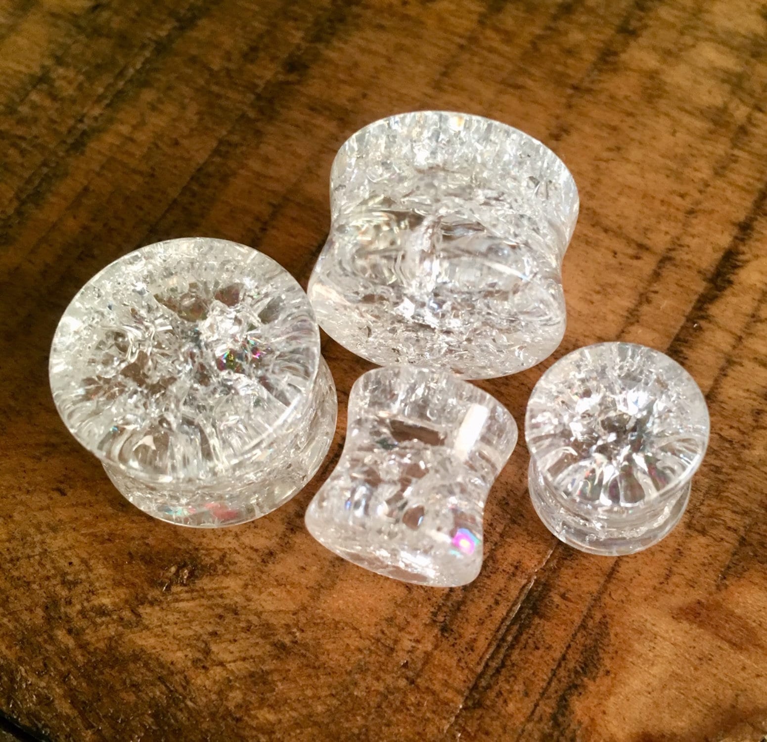 PAIR of Stunning Cracked Clear Glass Double Flare Plugs - Gauges 2g (6mm) through 5/8" (16mm) available!