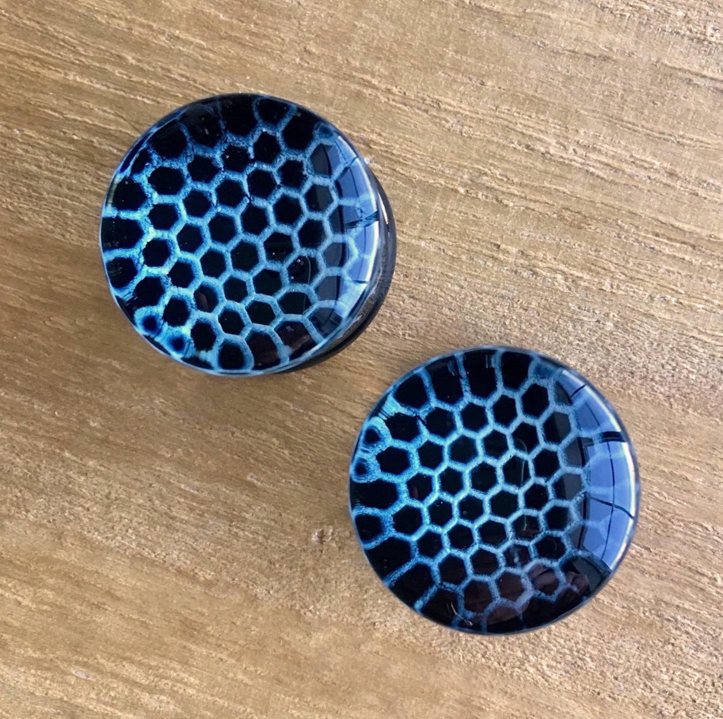 PAIR of Unique Black Honeycomb Design Pyrex Glass Double Flare Plugs - Gauges 2g (6mm) through 5/8" (16mm) available!