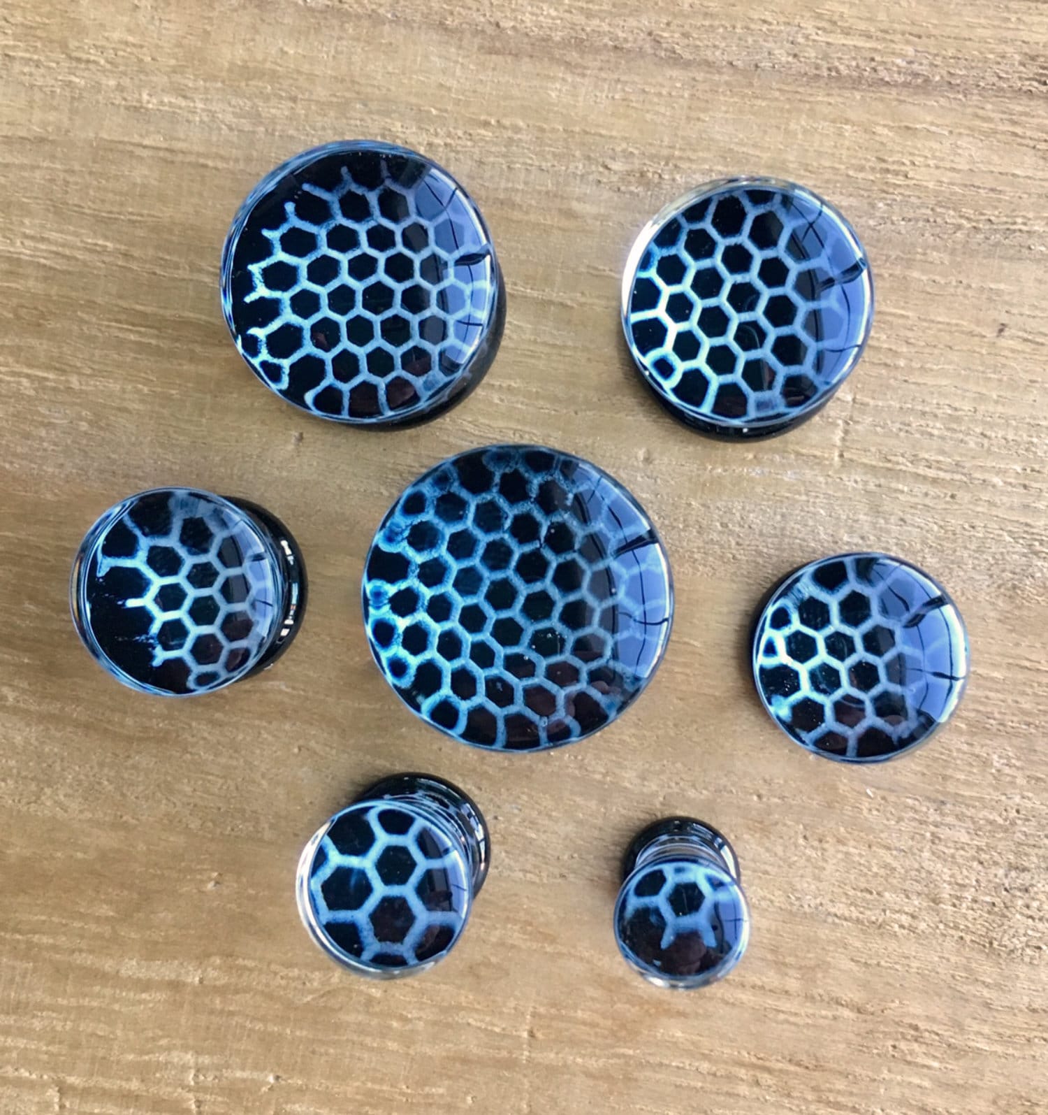 PAIR of Unique Black Honeycomb Design Pyrex Glass Double Flare Plugs - Gauges 2g (6mm) through 5/8" (16mm) available!