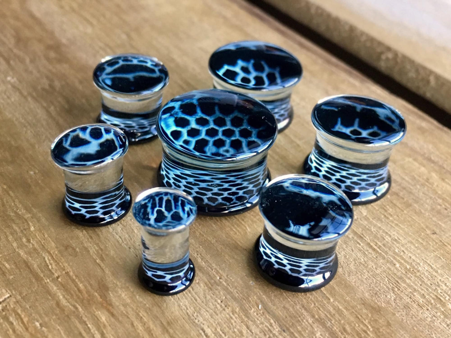 PAIR of Unique Black Honeycomb Design Pyrex Glass Double Flare Plugs - Gauges 2g (6mm) through 5/8" (16mm) available!