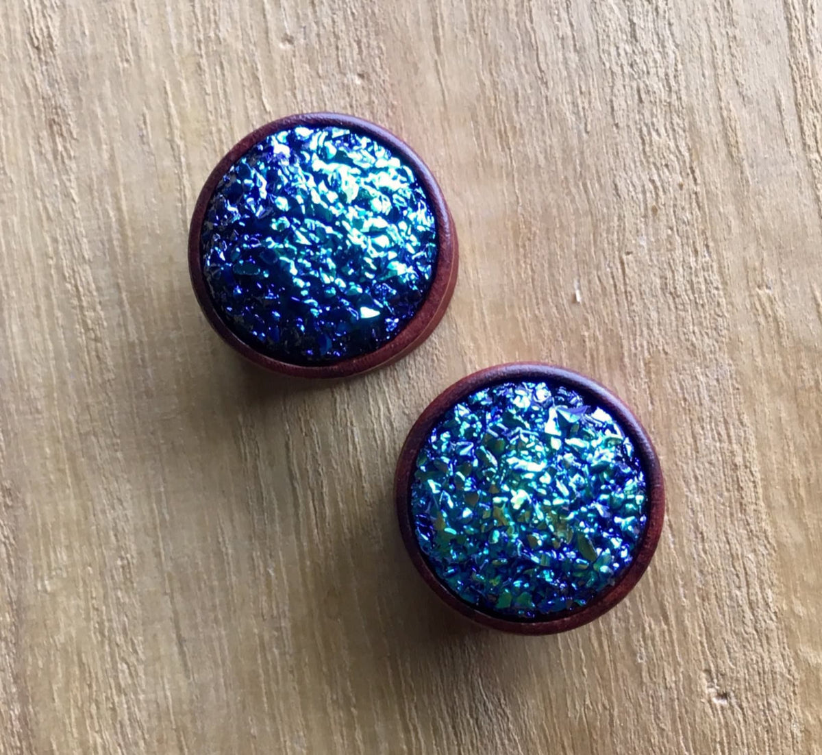 PAIR of Unique Blue Druzy Stone Sono Wood Plugs - Gauges 2g (6mm) up to 5/8" (16mm) available!