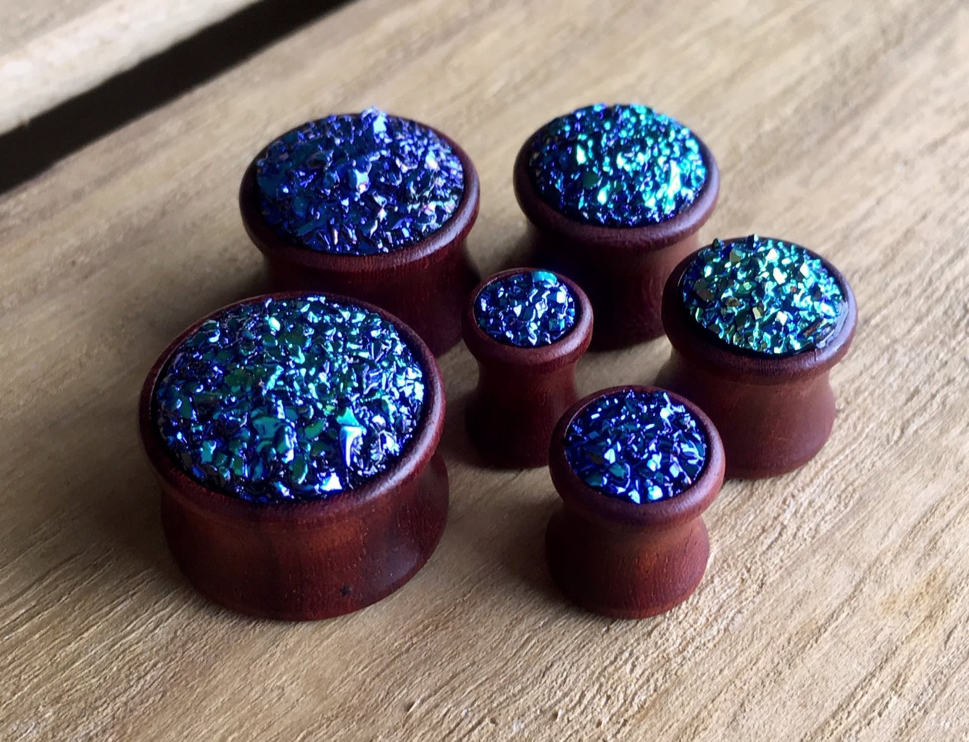 PAIR of Unique Blue Druzy Stone Sono Wood Plugs - Gauges 2g (6mm) up to 5/8" (16mm) available!