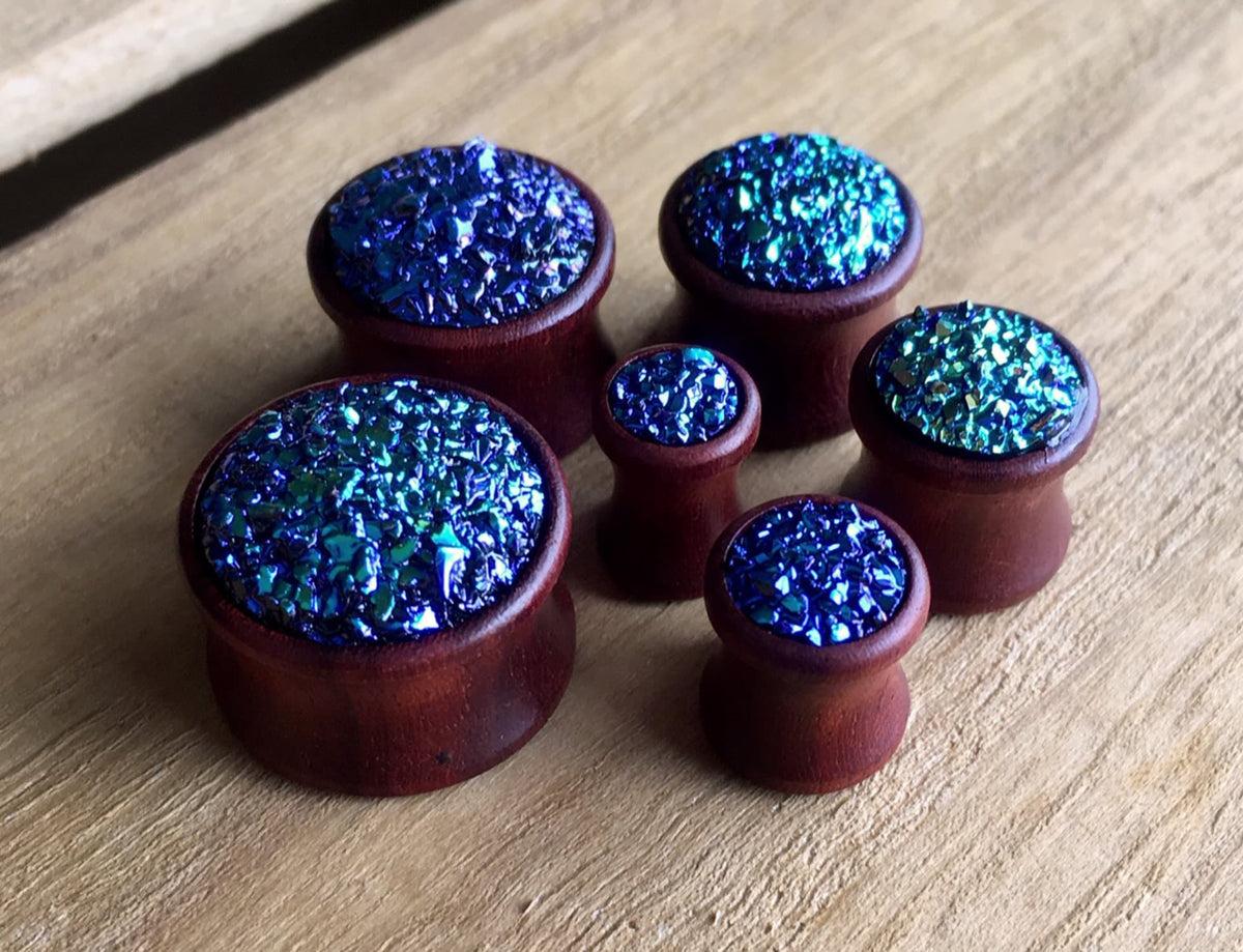 PAIR of Unique Blue Druzy Stone Sono Wood Plugs - Gauges 2g (6mm) up to 5/8" (16mm) available!