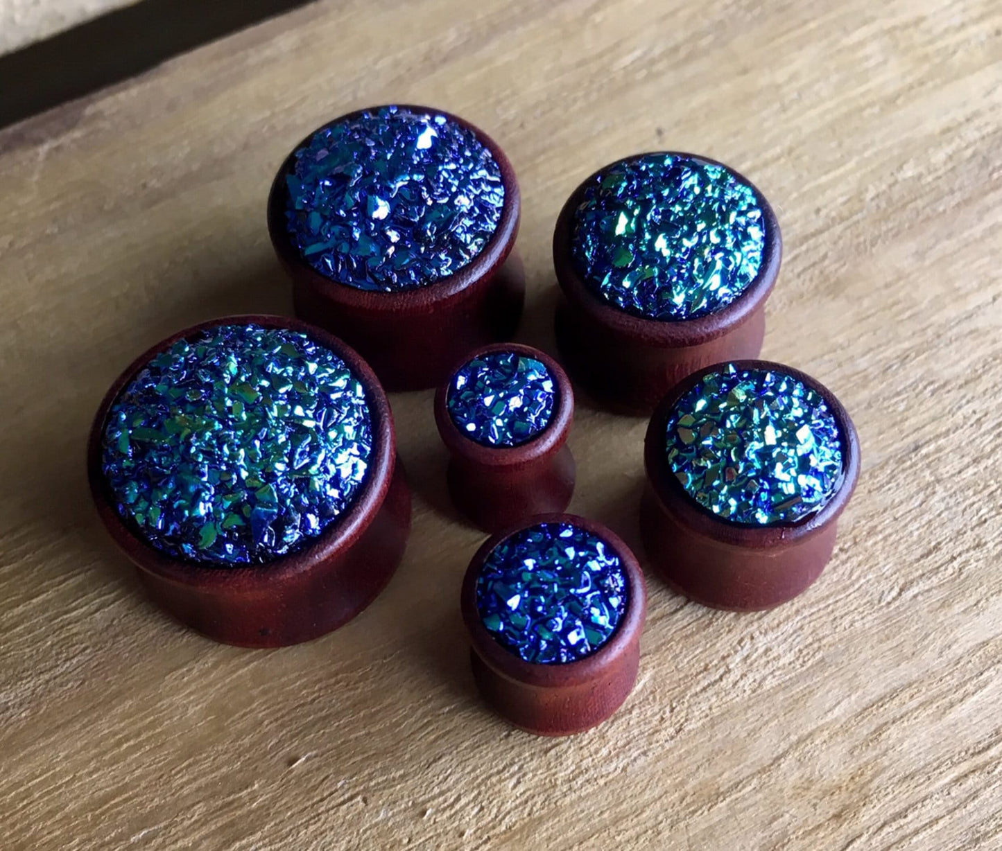 PAIR of Unique Blue Druzy Stone Sono Wood Plugs - Gauges 2g (6mm) up to 5/8" (16mm) available!