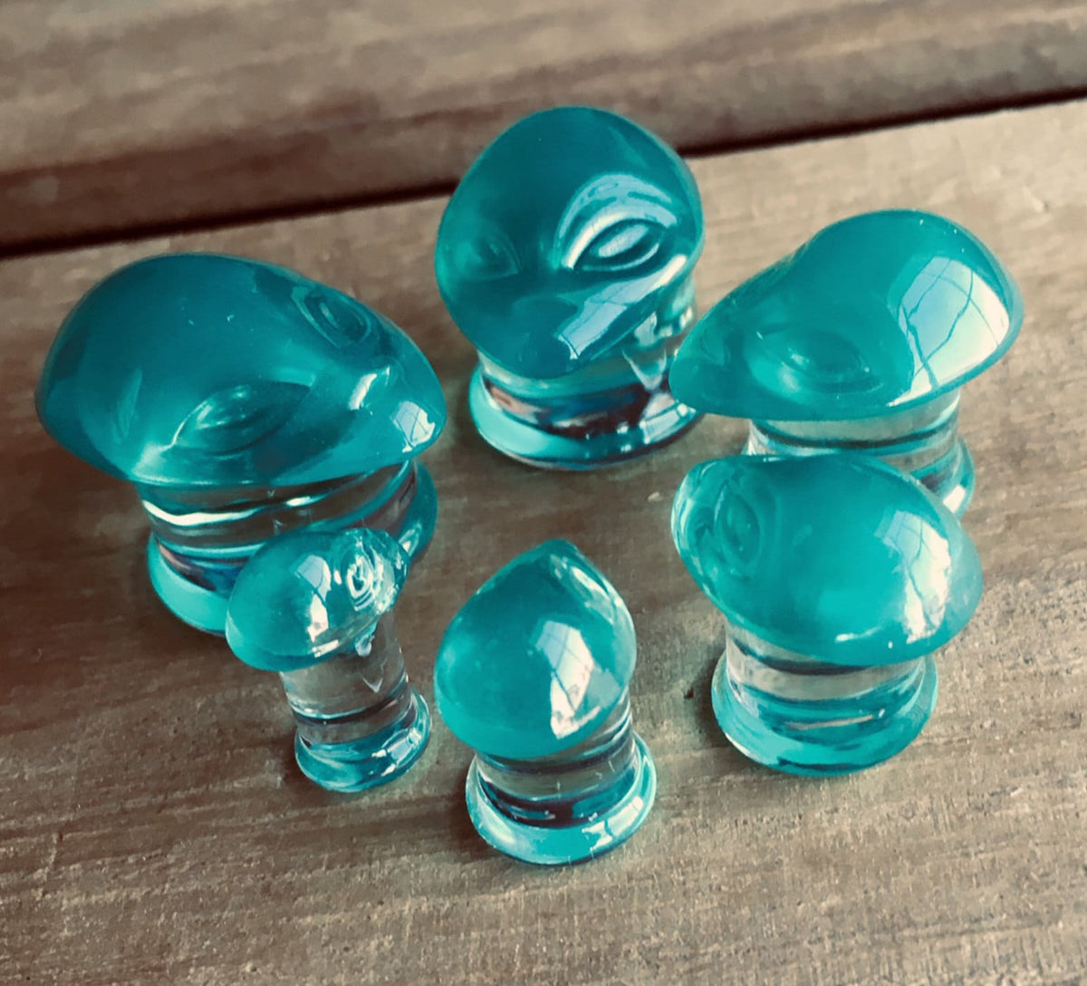 PAIR of Unique Green Alien Face Pyrex Glass Double Flare Plugs - Gauges 2g (6mm) through 1" (25mm) available!