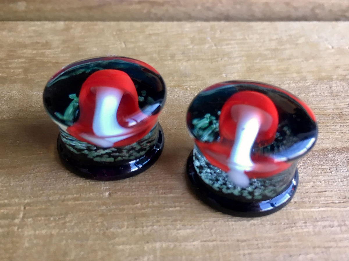 PAIR of Glow in the Dark Floating Red Mushroom Pyrex Glass Double Flare Plugs - Gauges 2g (6mm) through 5/8" (16mm) available!