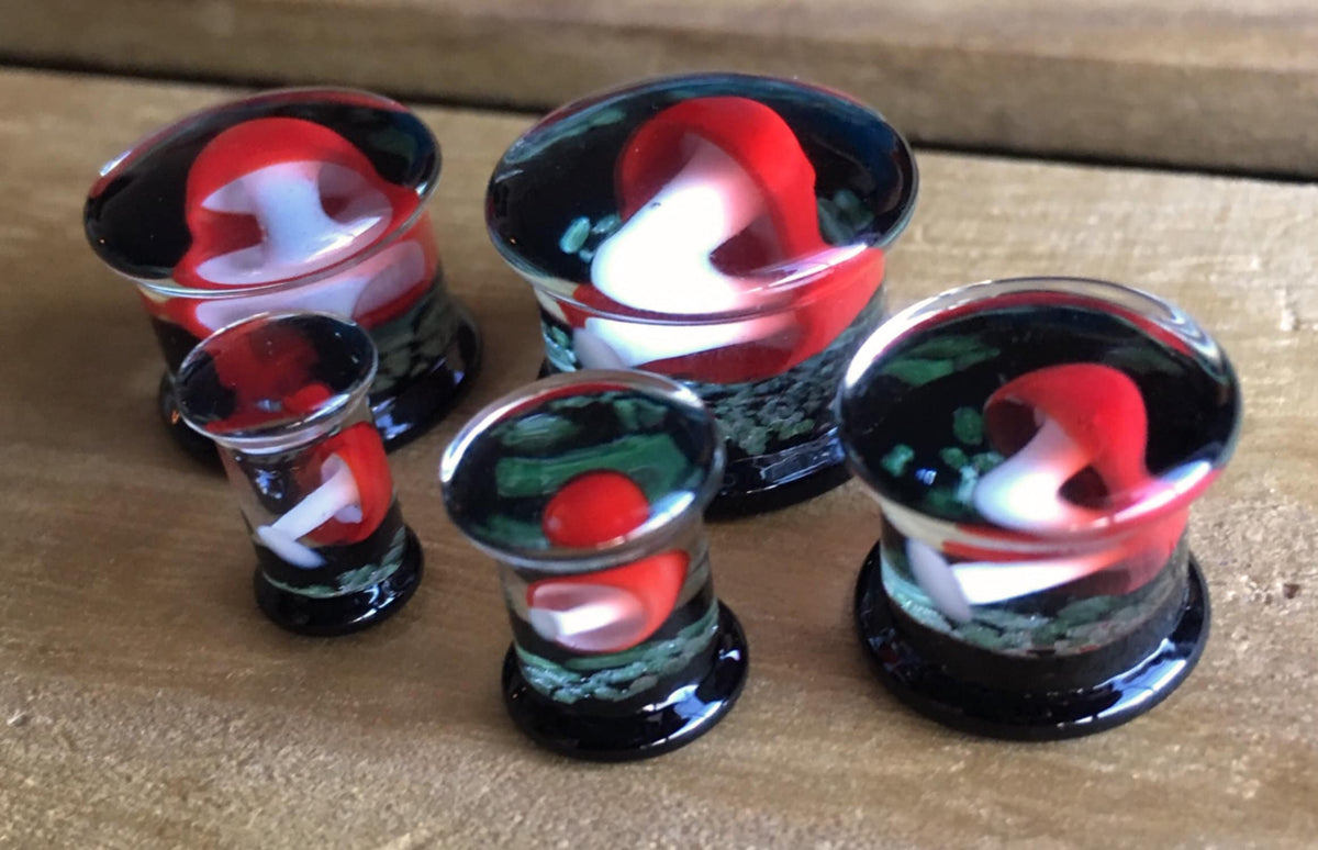 PAIR of Glow in the Dark Floating Red Mushroom Pyrex Glass Double Flare Plugs - Gauges 2g (6mm) through 5/8" (16mm) available!