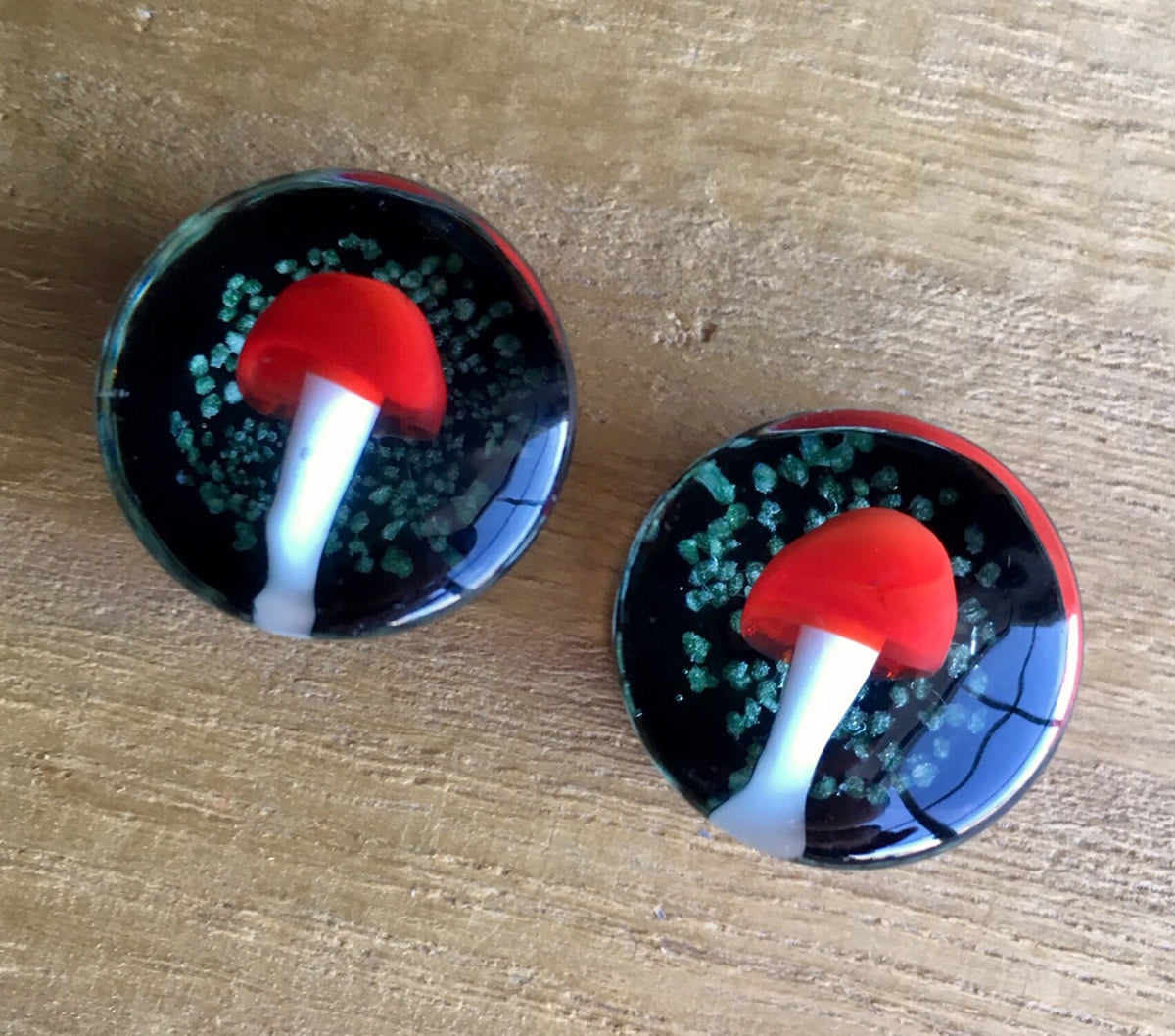 PAIR of Glow in the Dark Floating Red Mushroom Pyrex Glass Double Flare Plugs - Gauges 2g (6mm) through 5/8" (16mm) available!