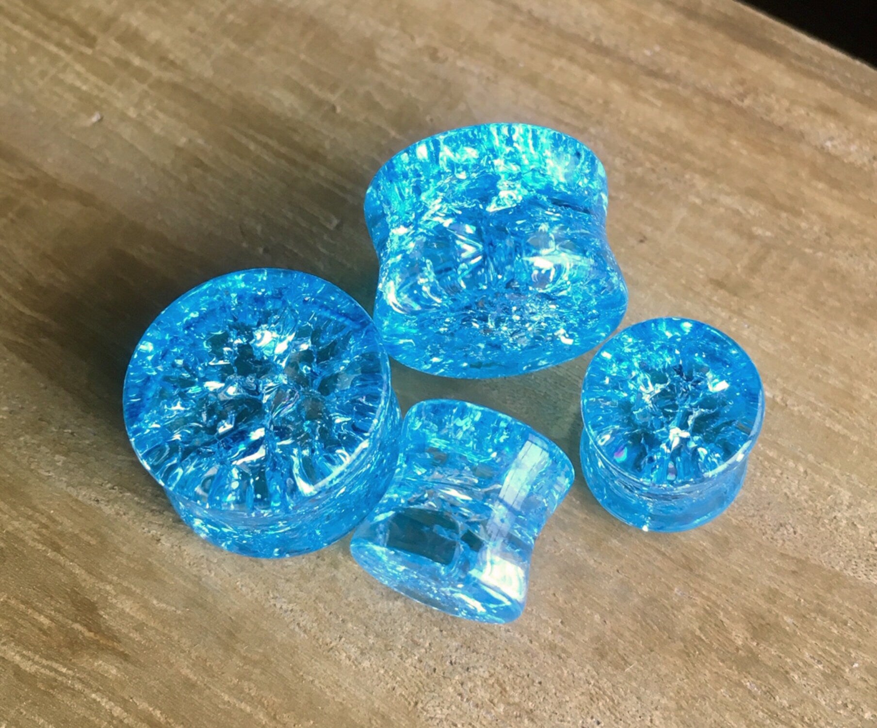 PAIR of Stunning Aqua Cracked Glass Double Flare Plugs - Gauges 2g (6mm) through 5/8" (16mm) available!