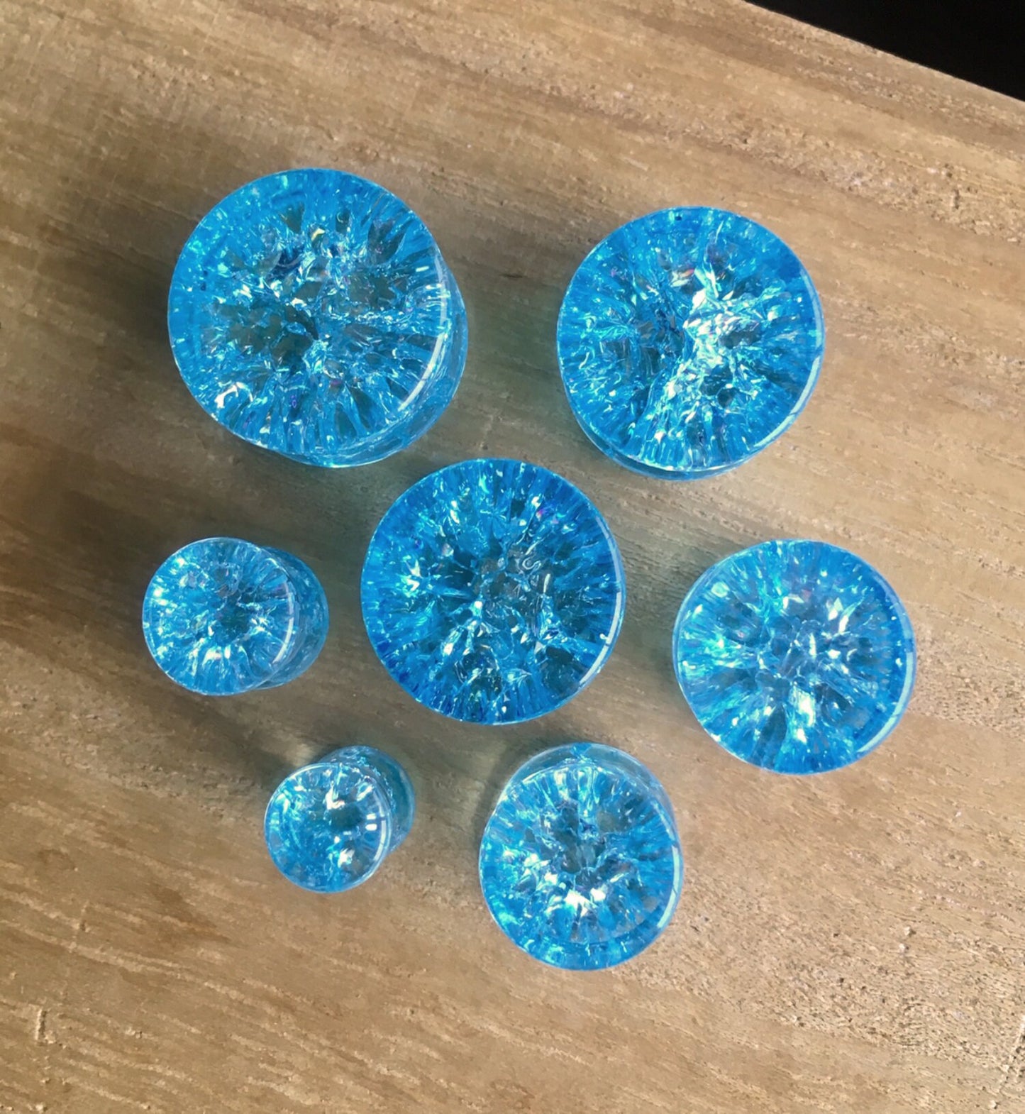 PAIR of Stunning Aqua Cracked Glass Double Flare Plugs - Gauges 2g (6mm) through 5/8" (16mm) available!