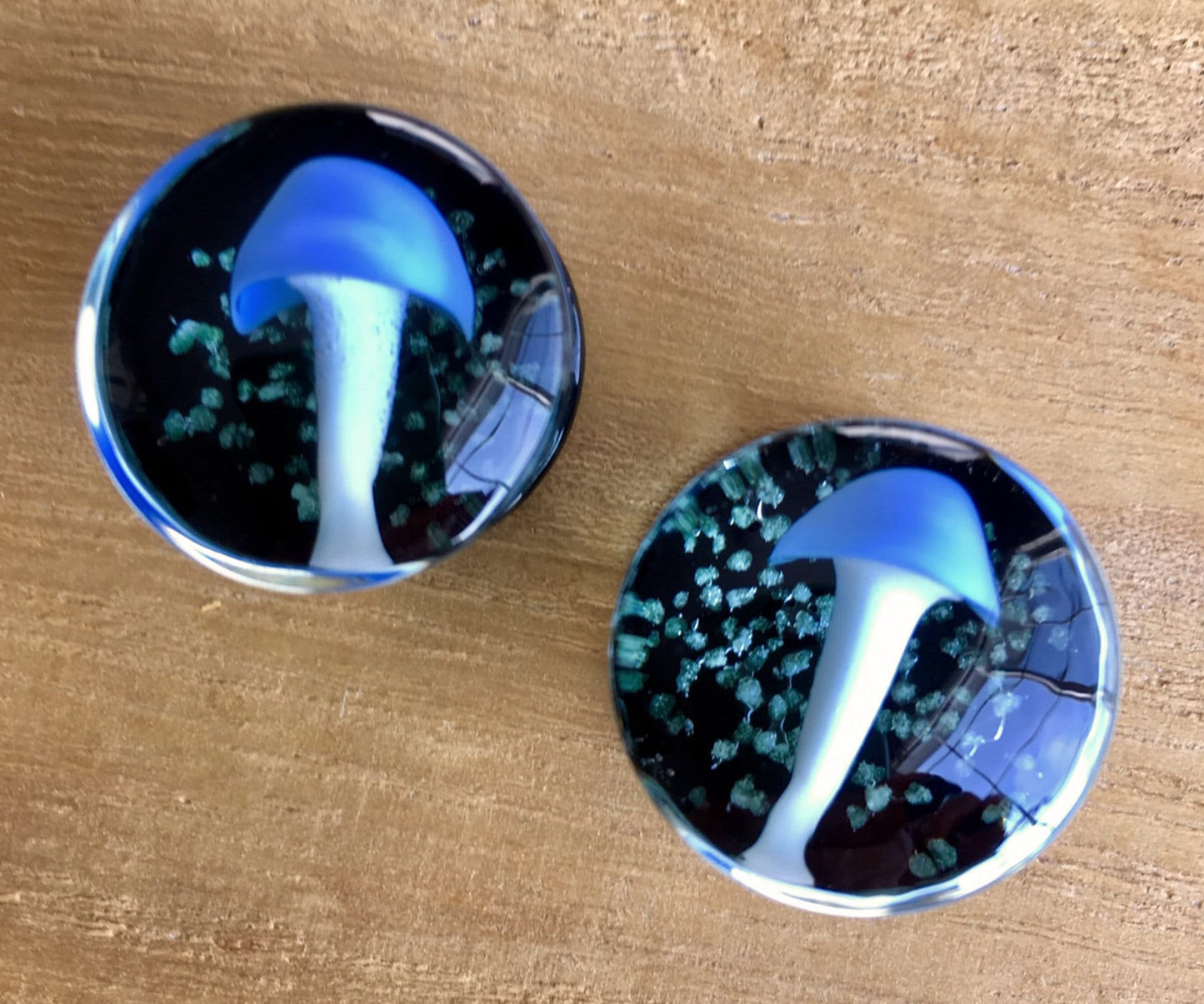 PAIR of Glow in the Dark Floating Mushroom Pyrex Glass Double Flare Plugs - Gauges 2g (6mm) through 5/8" (16mm) available!