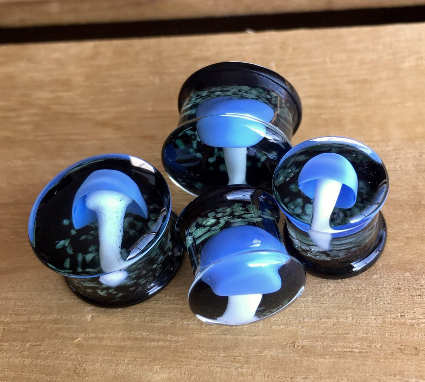 PAIR of Glow in the Dark Floating Mushroom Pyrex Glass Double Flare Plugs - Gauges 2g (6mm) through 5/8" (16mm) available!