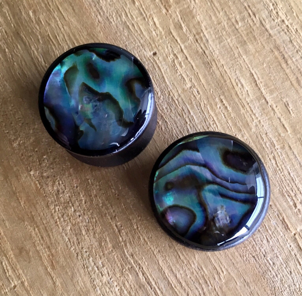PAIR of Beautiful Organic Abalone Shell Inlaid Sono Wood Saddle Plugs - Gauges 2g thru 5/8" (16mm) available!