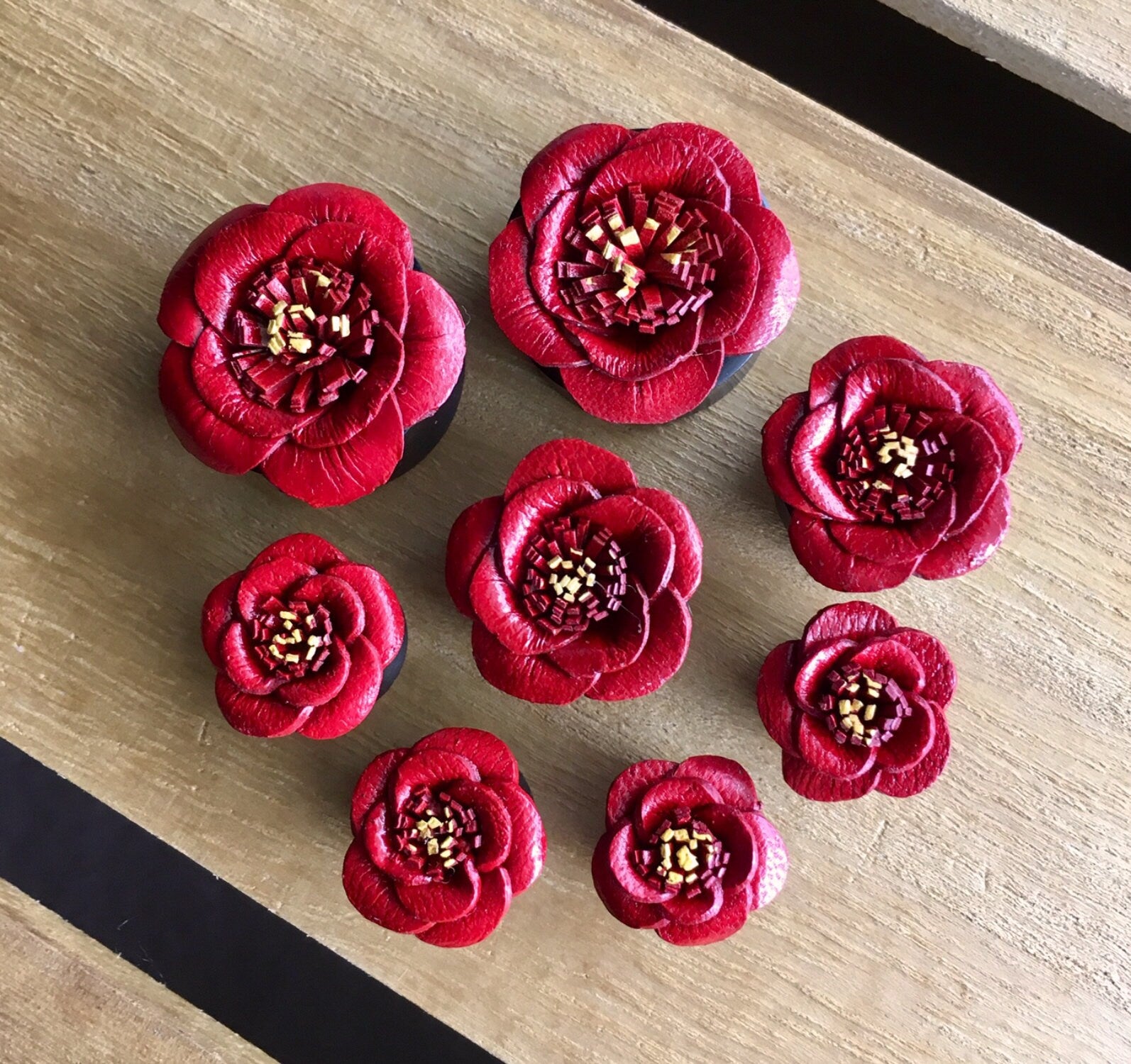 PAIR of Red Leather Flower & Organic Horn Plugs - 10mm up to 15/16" (24mm) available!