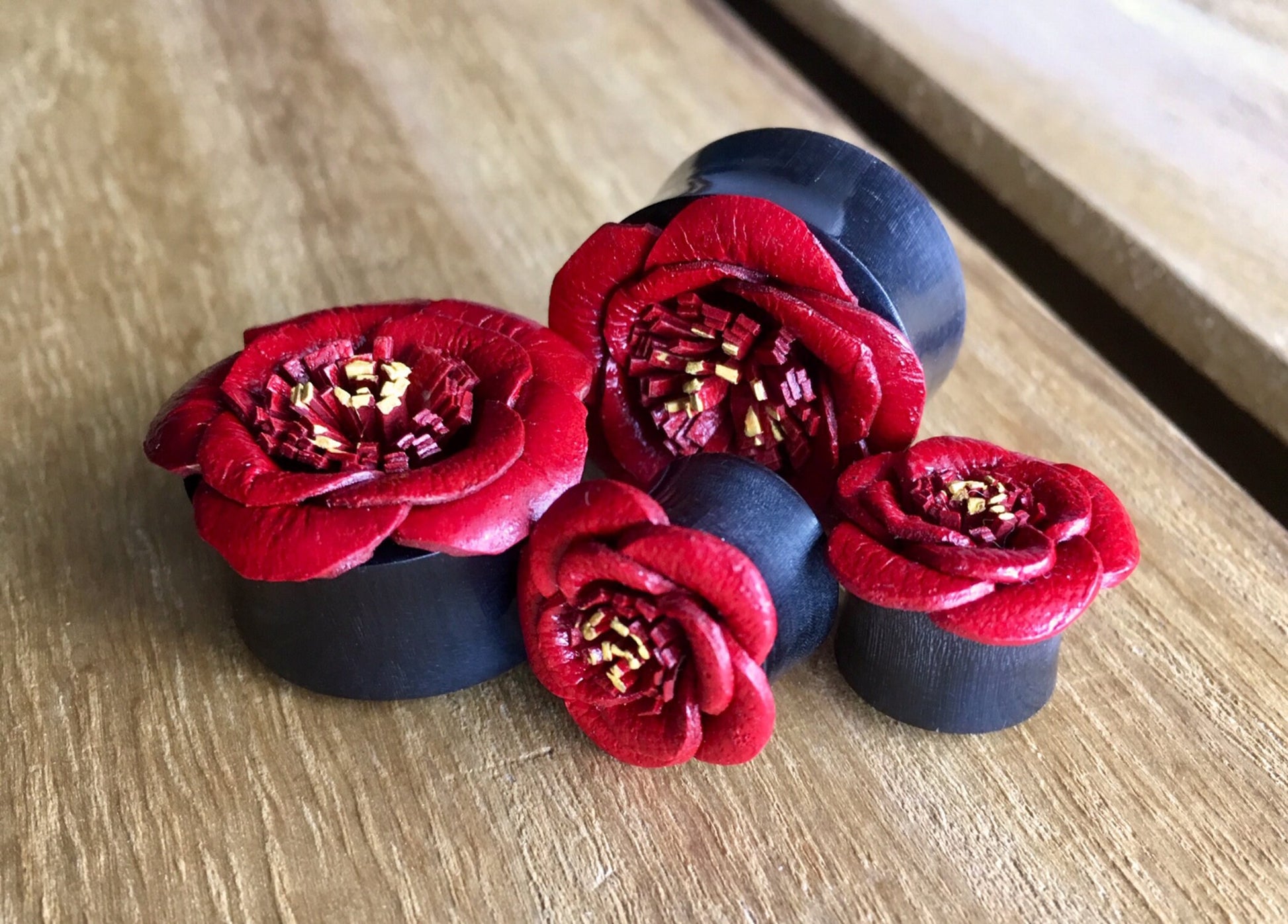 PAIR of Red Leather Flower & Organic Horn Plugs - 10mm up to 15/16" (24mm) available!