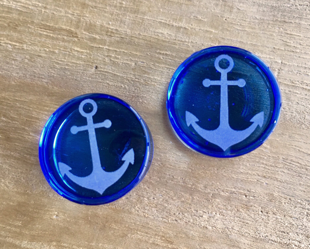 PAIR of 5/8" (16mm) Unique Anchor Engraved Blue Pyrex Glass Double Flare Plugs