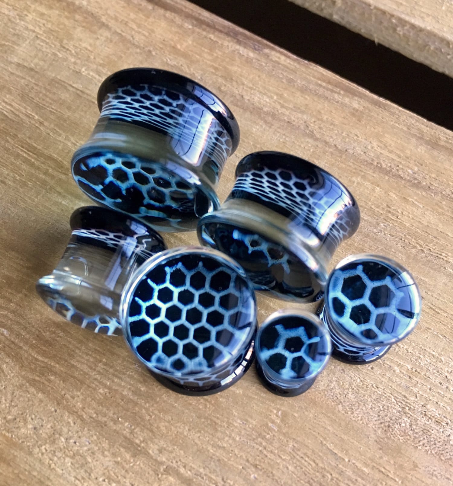 PAIR of Unique Black Honeycomb Design Pyrex Glass Double Flare Plugs - Gauges 2g (6mm) through 5/8" (16mm) available!