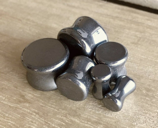 PAIR of Stunning Hematite Organic Stone Plugs - Gauges 6g (4mm) up to 5/8" (16mm) available!
