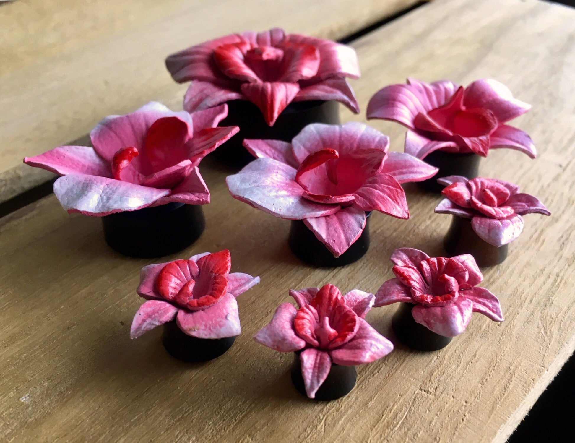 PAIR of Unique Pink Magnolia Leather Flower with Horn Plugs - Gauges 0g (8mm) up to 1&1/4" (32mm) available!