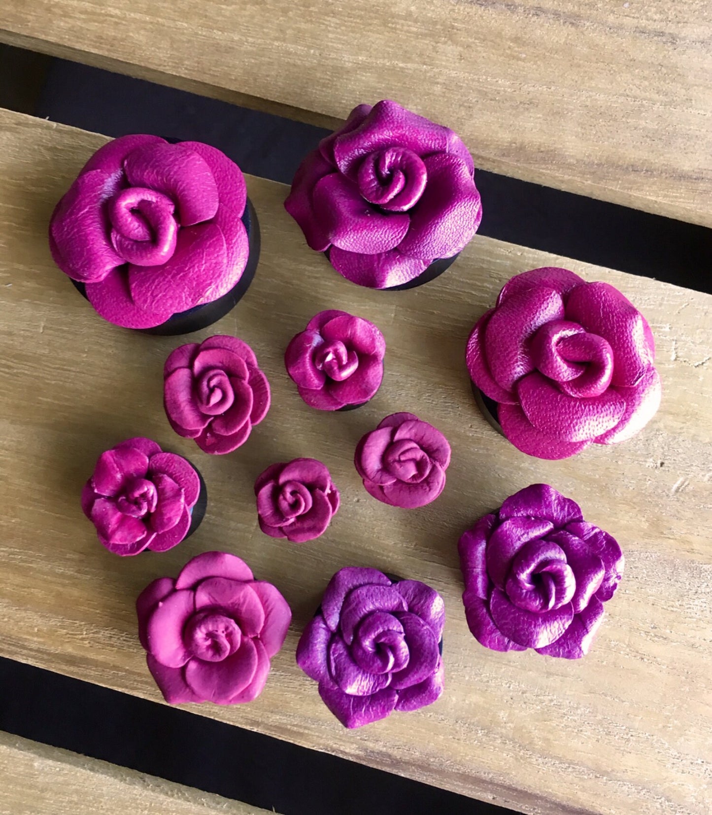 PAIR of Purple Leather Flower and Organic Horn Plugs - Gauges 0g (8mm) up to 1&1/8" (28mm) available!