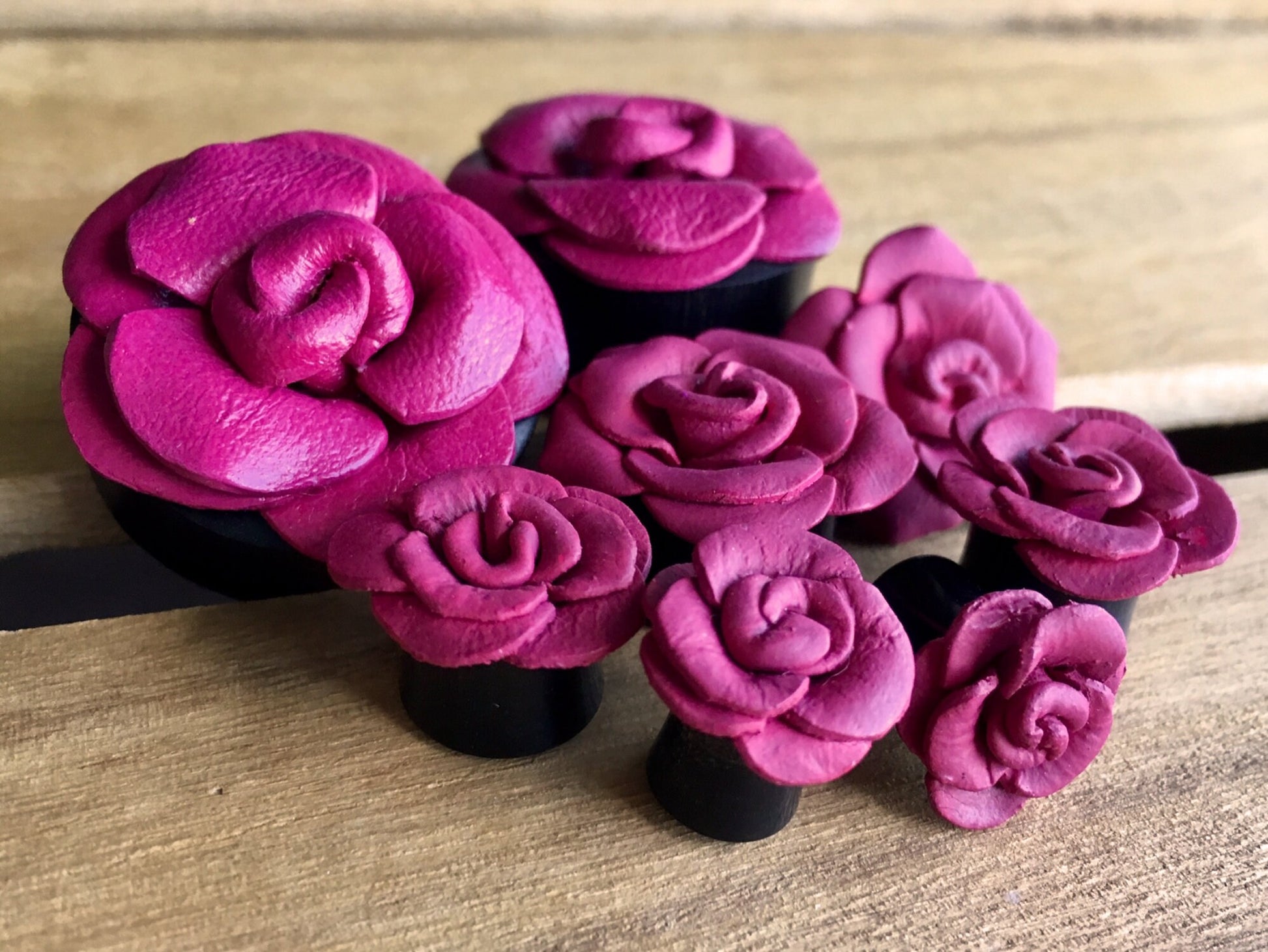 PAIR of Purple Leather Flower and Organic Horn Plugs - Gauges 0g (8mm) up to 1&1/8" (28mm) available!