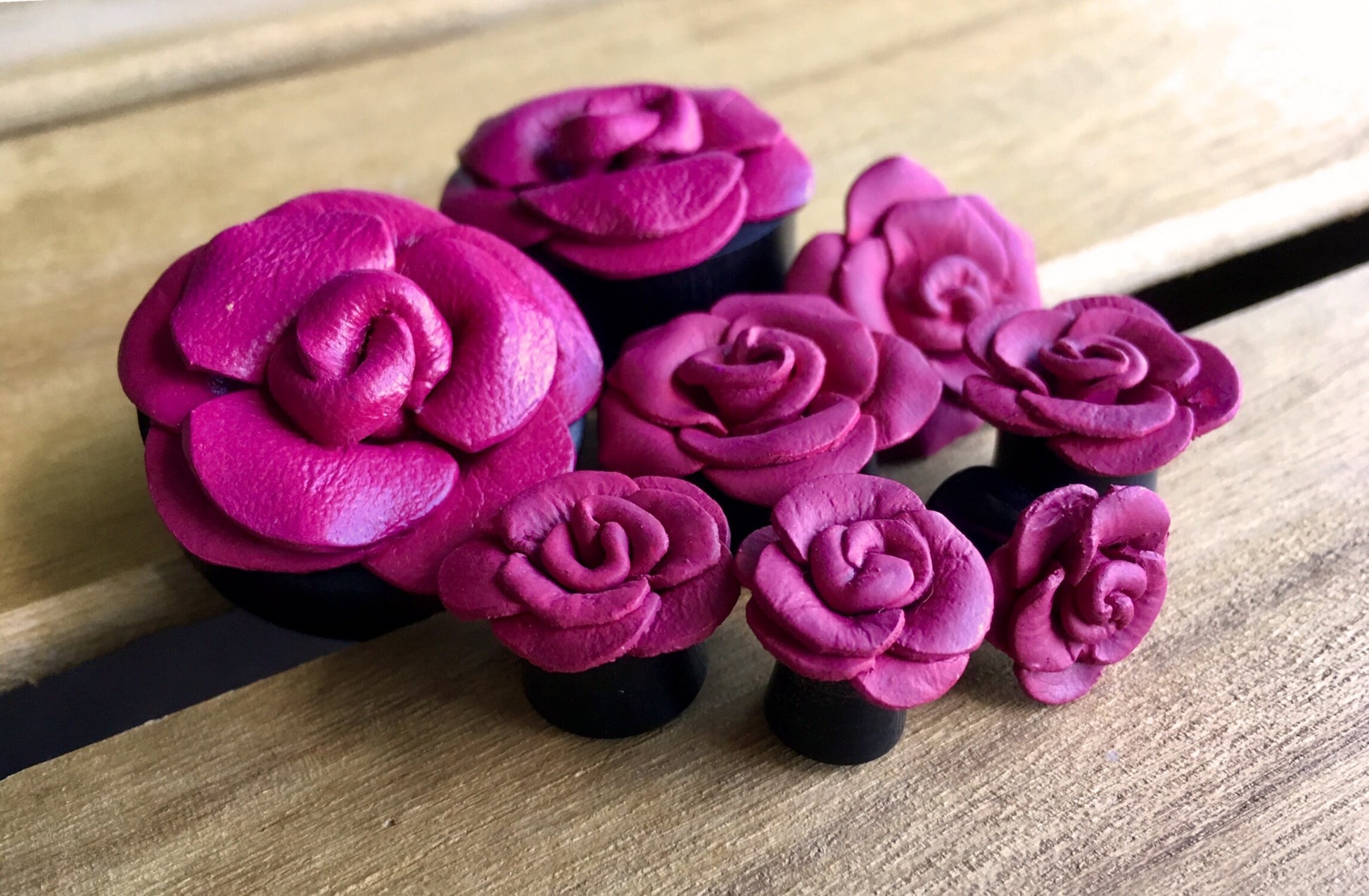 PAIR of Purple Leather Flower and Organic Horn Plugs - Gauges 0g (8mm) up to 1&1/8" (28mm) available!