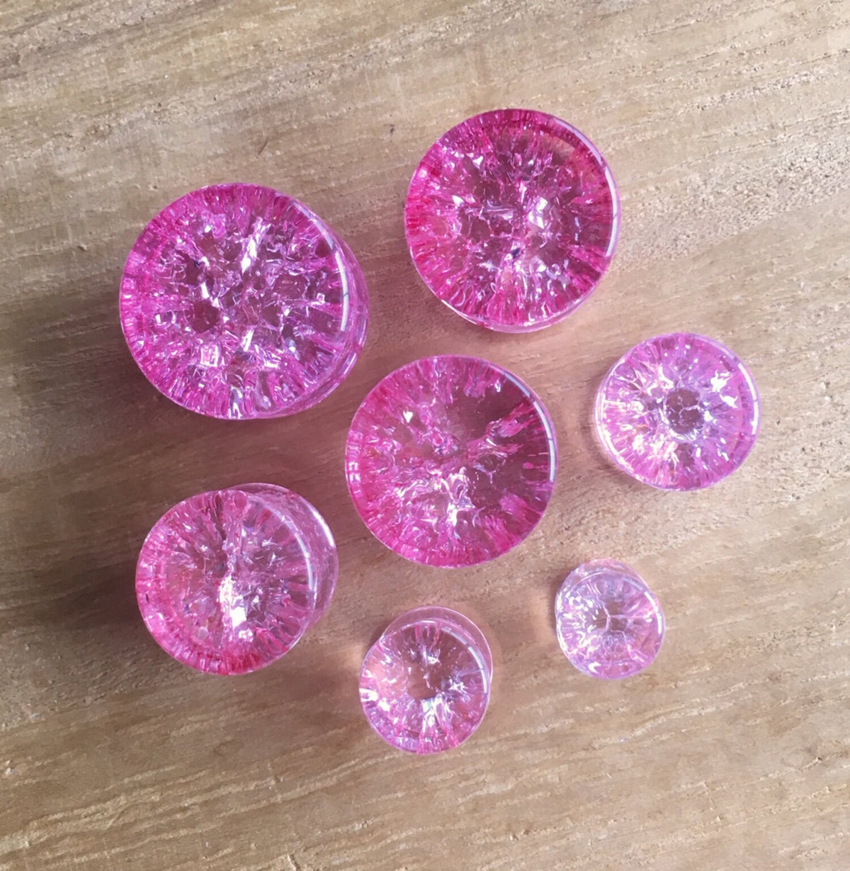 PAIR of Unique Cracked Pink Glass Double Flare Plugs - Gauges 2g (6mm) through 5/8" (16mm) available!