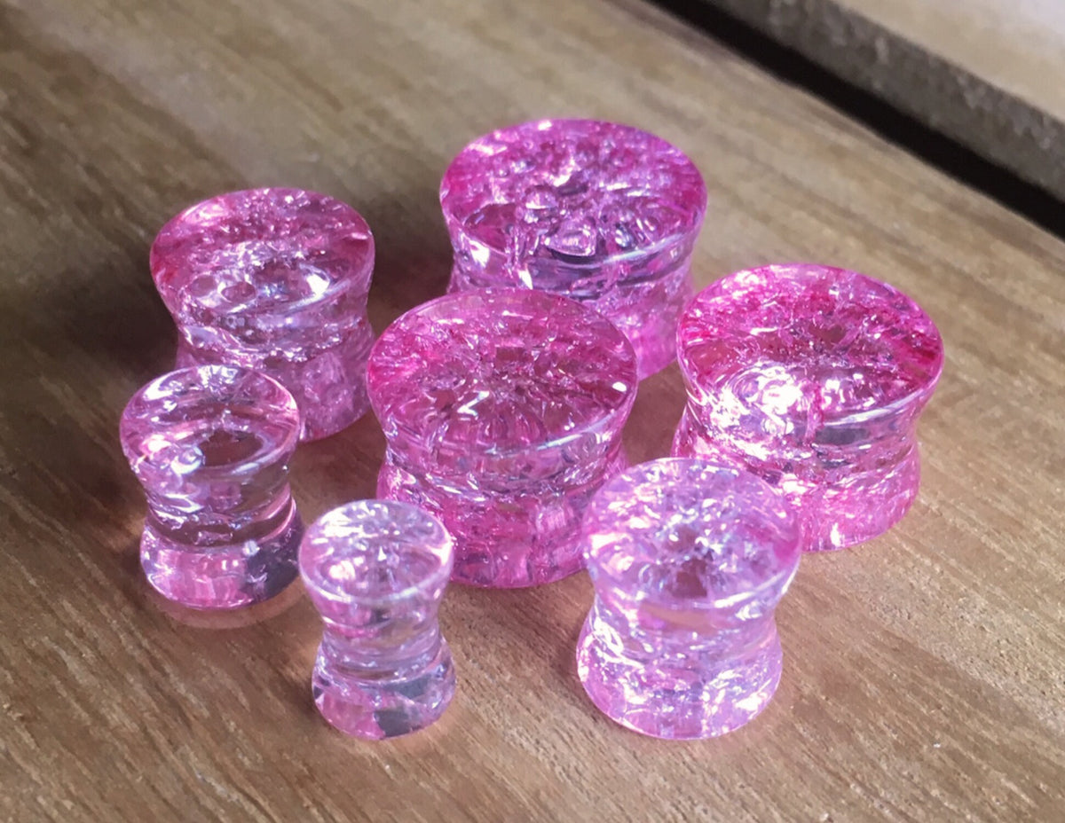 PAIR of Unique Cracked Pink Glass Double Flare Plugs - Gauges 2g (6mm) through 5/8" (16mm) available!