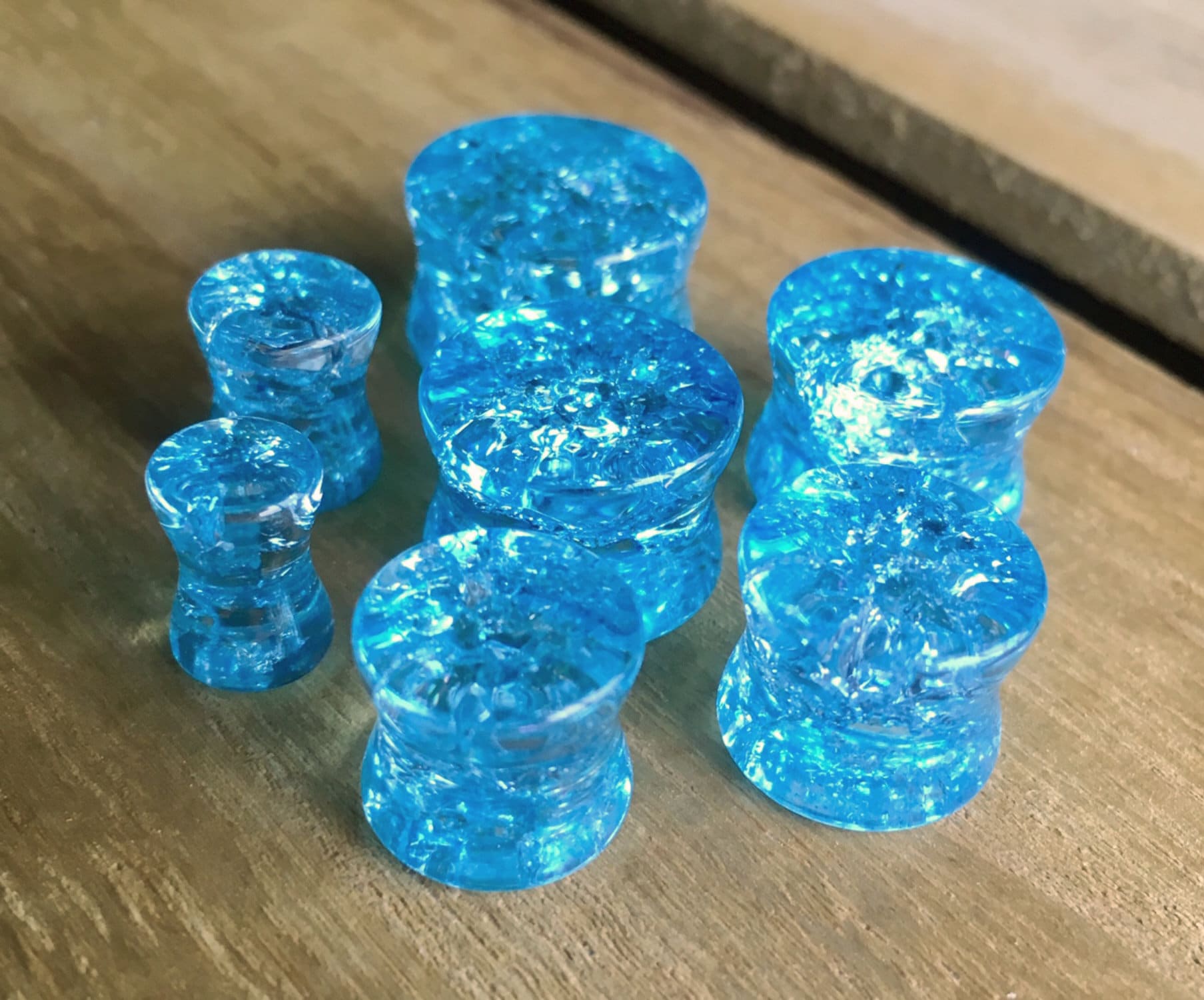 PAIR of Stunning Aqua Cracked Glass Double Flare Plugs - Gauges 2g (6mm) through 5/8" (16mm) available!