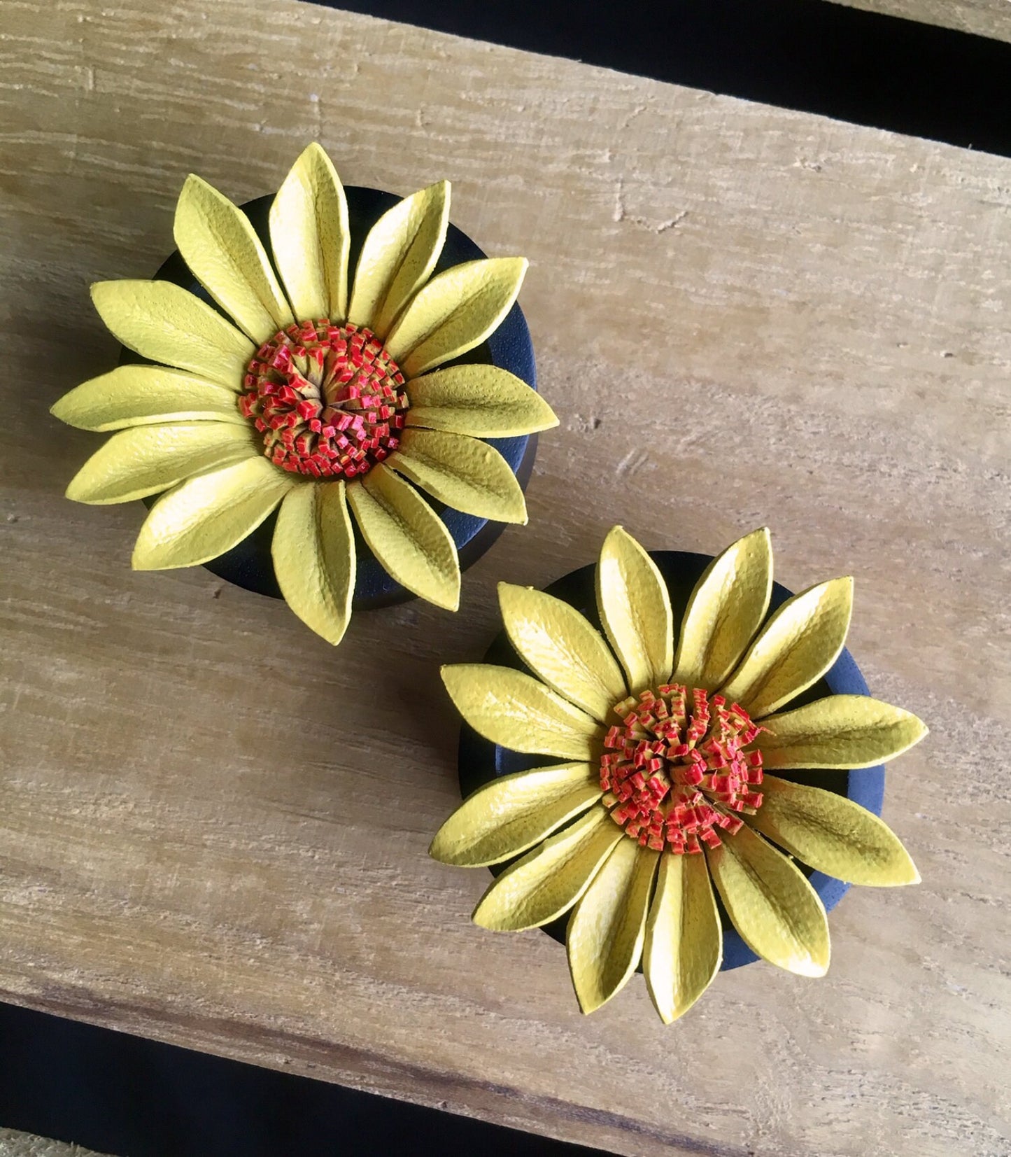 PAIR of Beautiful Yellow Leather Flower and Organic Horn Plugs