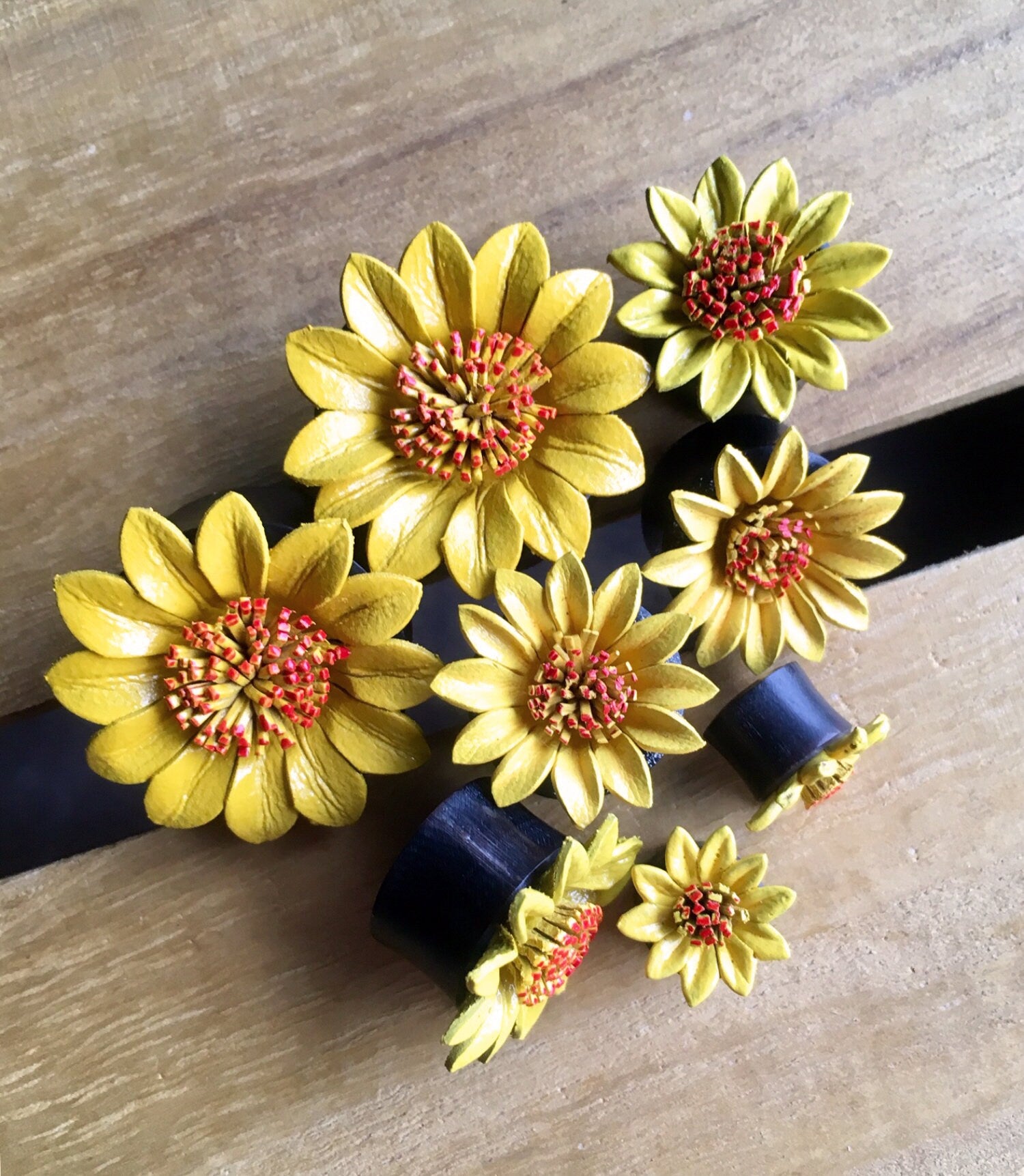 PAIR of Beautiful Yellow Leather Flower and Organic Horn Plugs