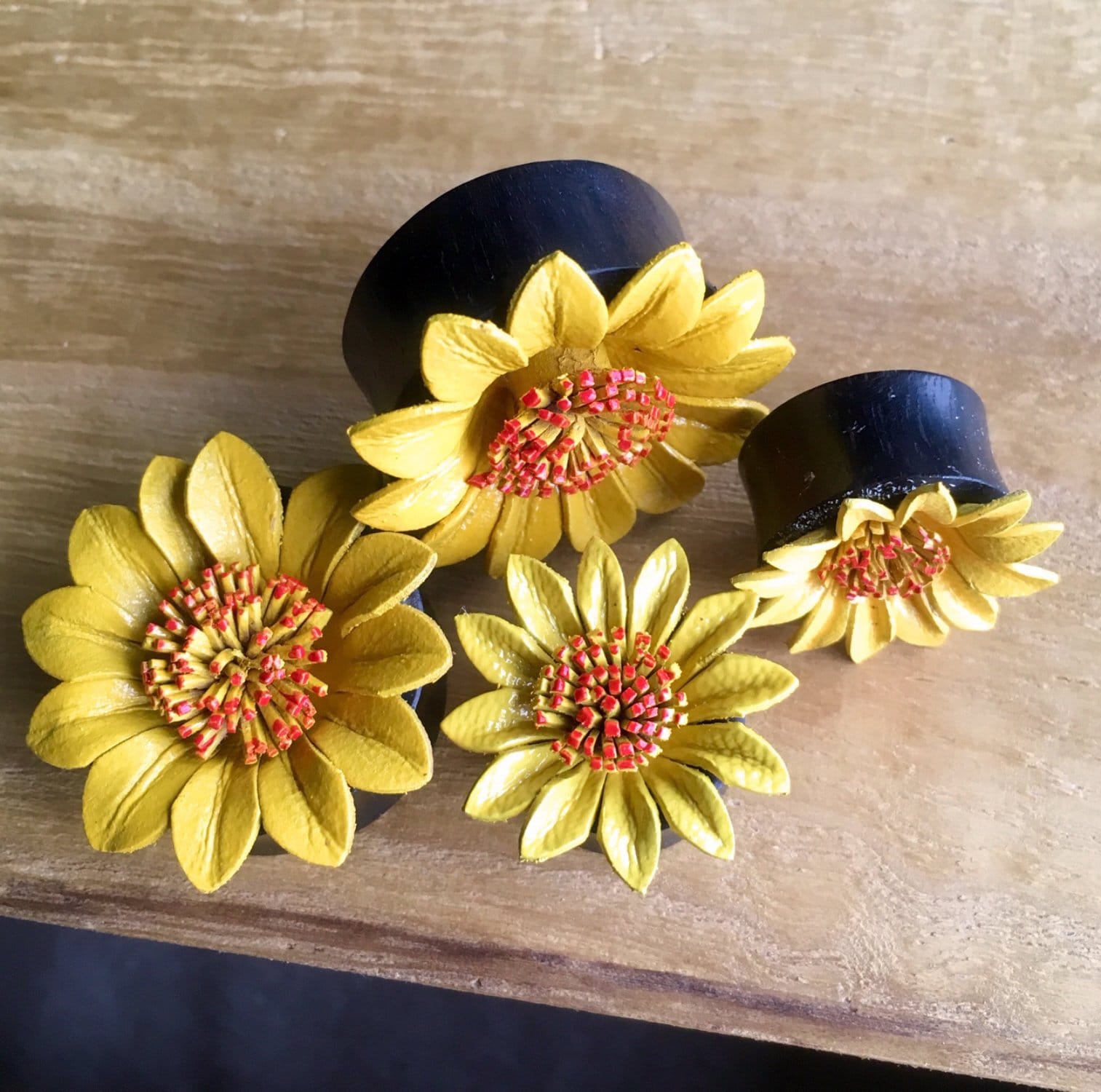 PAIR of Beautiful Yellow Leather Flower and Organic Horn Plugs