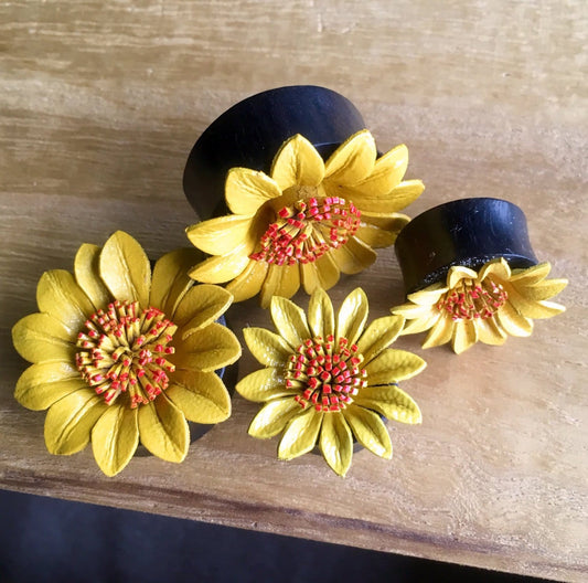PAIR of Beautiful Yellow Leather Flower and Organic Horn Plugs