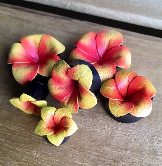 PAIR of Stunning Yellow / Pink Leather Flower & Bone Plugs - Gauges 0g (8mm) up to 15/16" (24mm) available!
