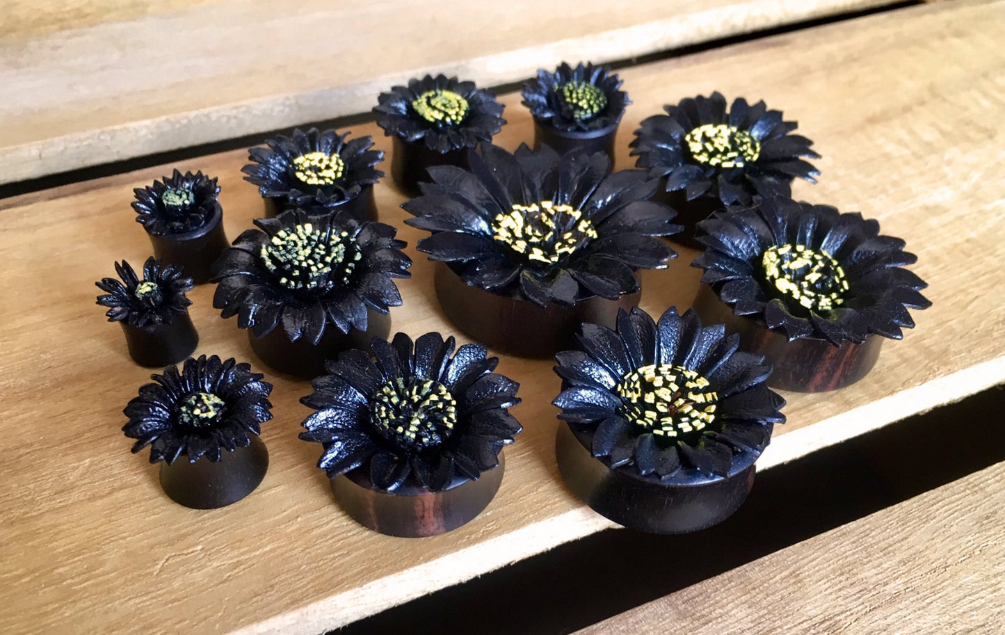 PAIR of Orginal Black Leather Flower and Organic Horn Plugs - Gauges 0g (8mm) up to 1&1/4" (32mm) available!