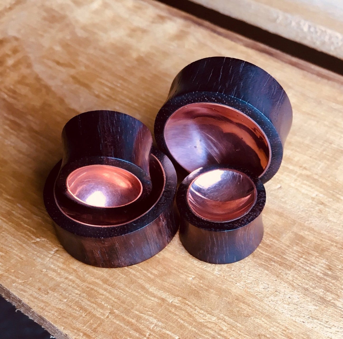 PAIR of Unique Concave Copper Tin Sono Wood Double Flare Plugs - Gauges 00g (10mm) up to 1" (25mm) available!