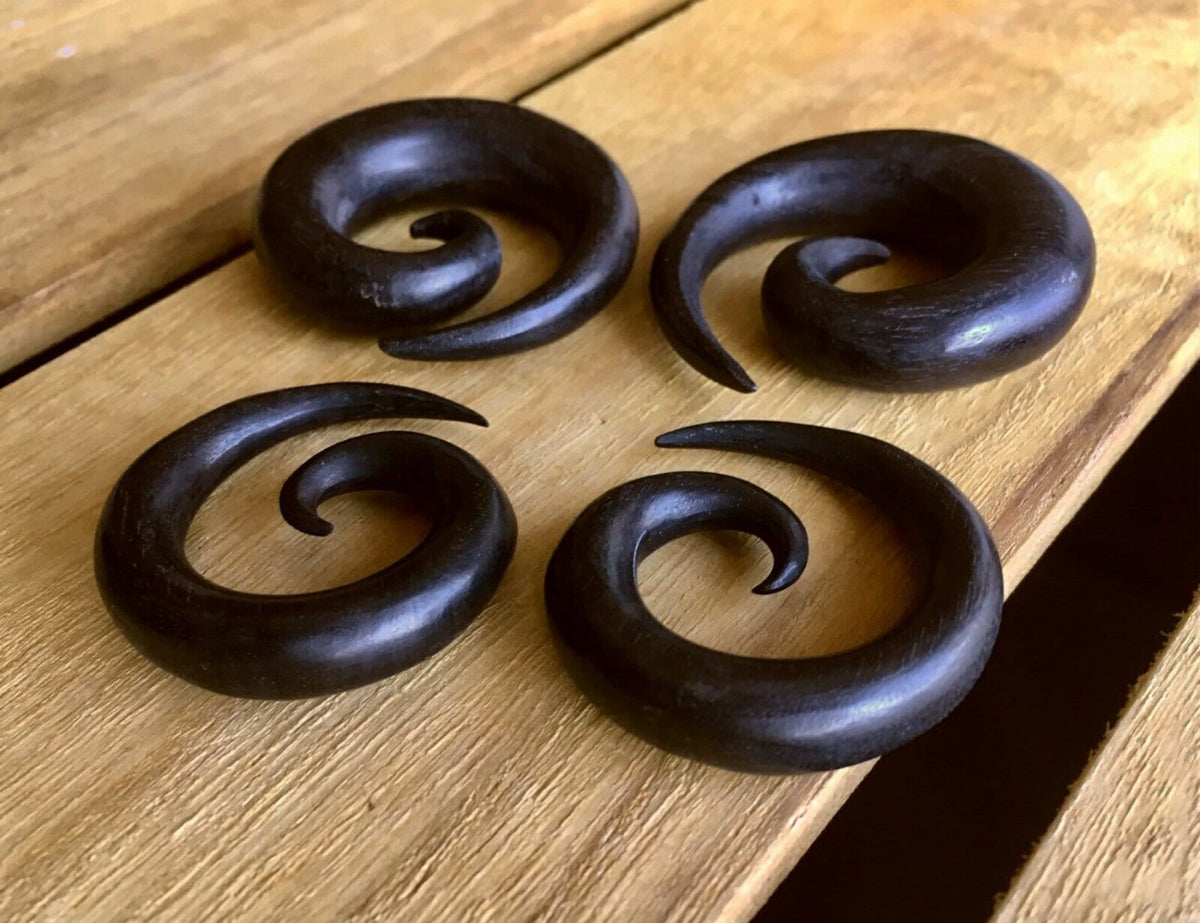 PAIR of Organic Black Areng Wood Spiral Tapers - Gauges 4g (5mm) up to 1/2" (12mm) available!