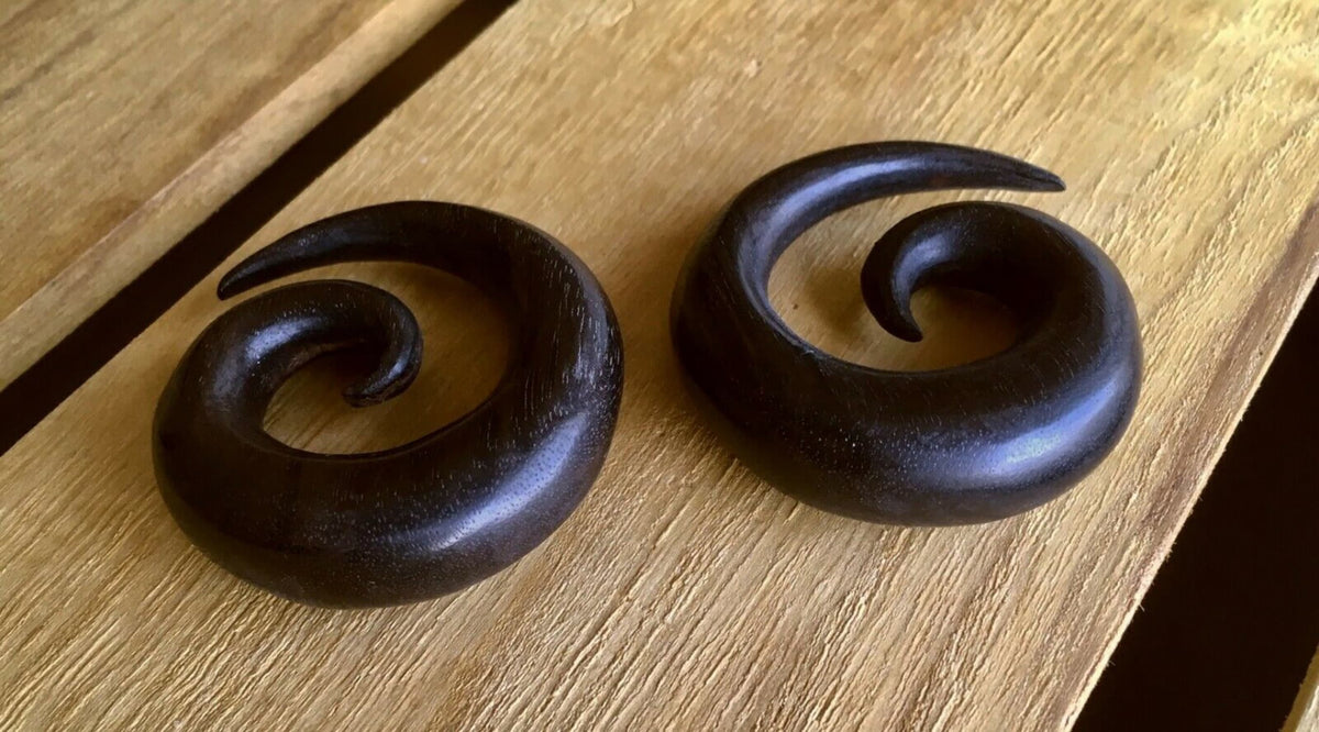 PAIR of Organic Black Areng Wood Spiral Tapers - Gauges 4g (5mm) up to 1/2" (12mm) available!
