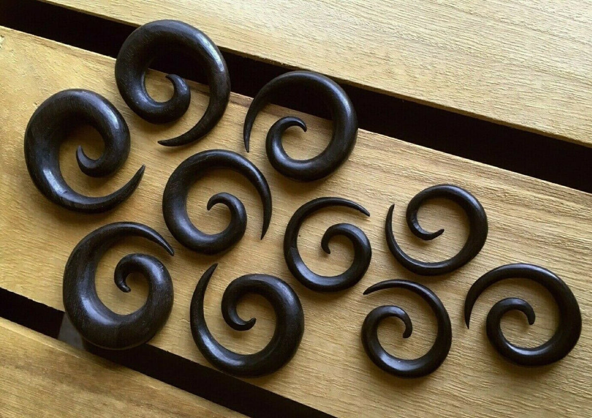 PAIR of Organic Black Areng Wood Spiral Tapers - Gauges 4g (5mm) up to 1/2" (12mm) available!