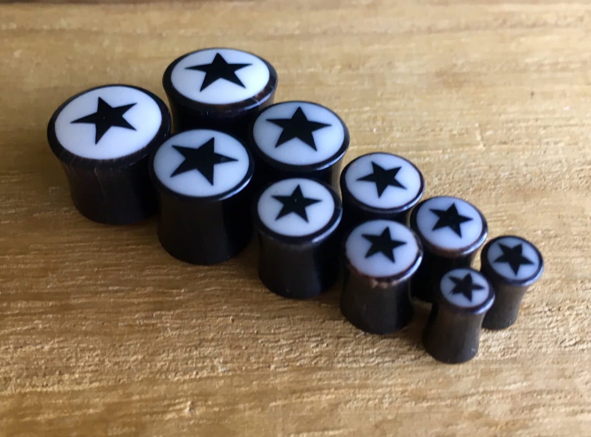 PAIR of Unique Organic Horn Star Plugs with Bone Inlay - Gauges 4g (5mm) up to 1/2" (12mm) available!