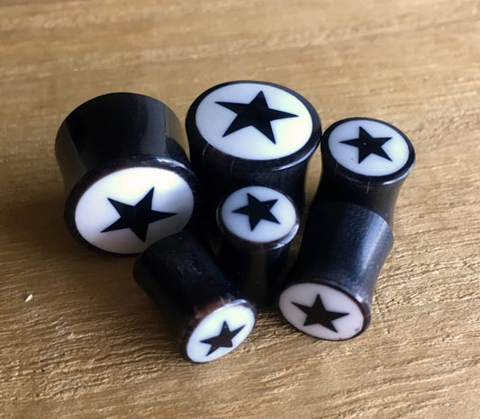 PAIR of Unique Organic Horn Star Plugs with Bone Inlay - Gauges 4g (5mm) up to 1/2" (12mm) available!