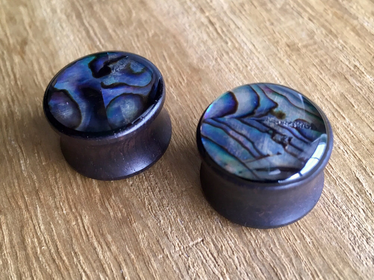 PAIR of Beautiful Organic Abalone Shell Inlaid Sono Wood Saddle Plugs - Gauges 2g thru 5/8" (16mm) available!