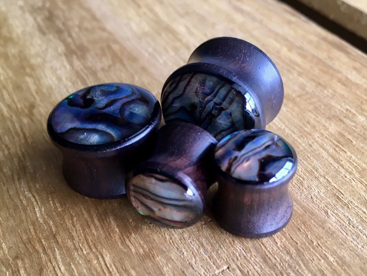 PAIR of Beautiful Organic Abalone Shell Inlaid Sono Wood Saddle Plugs - Gauges 2g thru 5/8" (16mm) available!