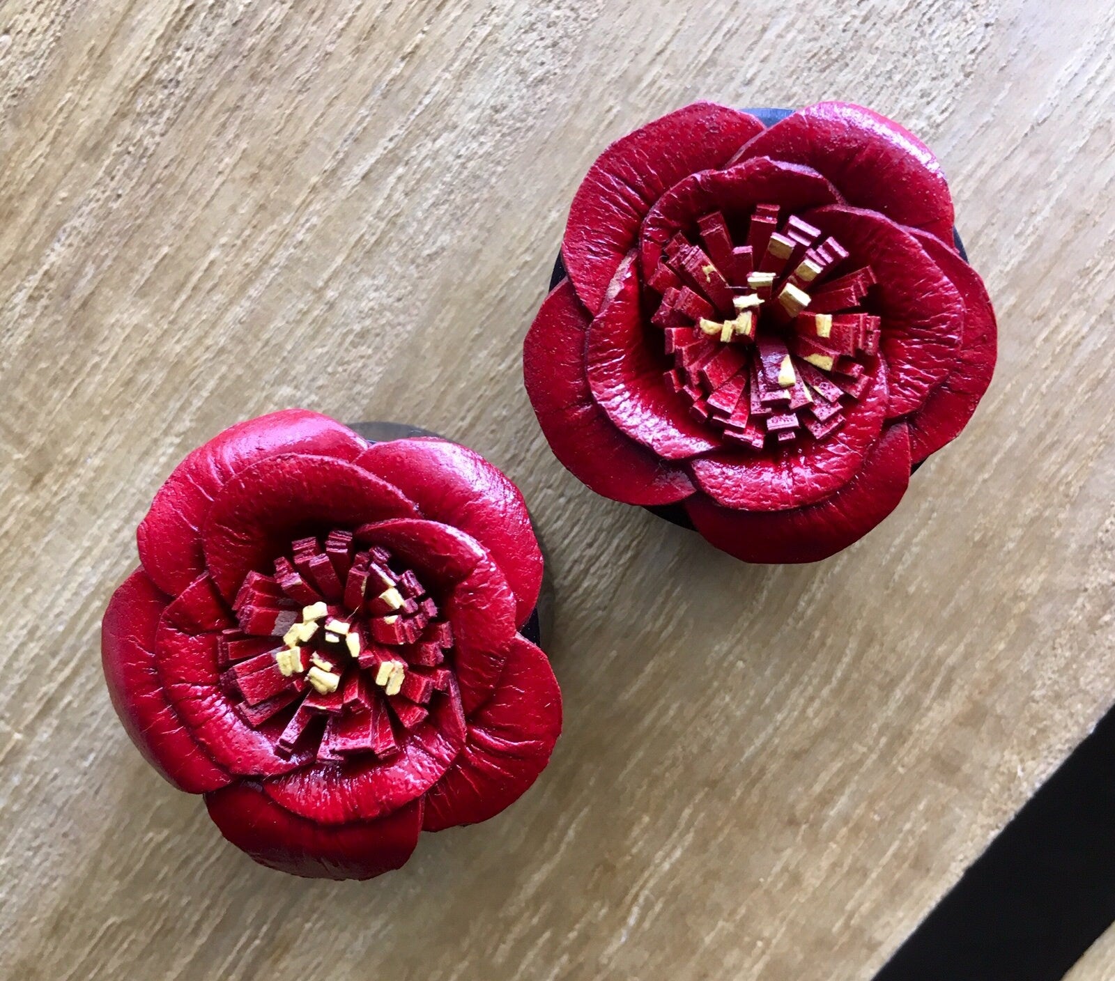 PAIR of Red Leather Flower & Organic Horn Plugs - 10mm up to 15/16" (24mm) available!