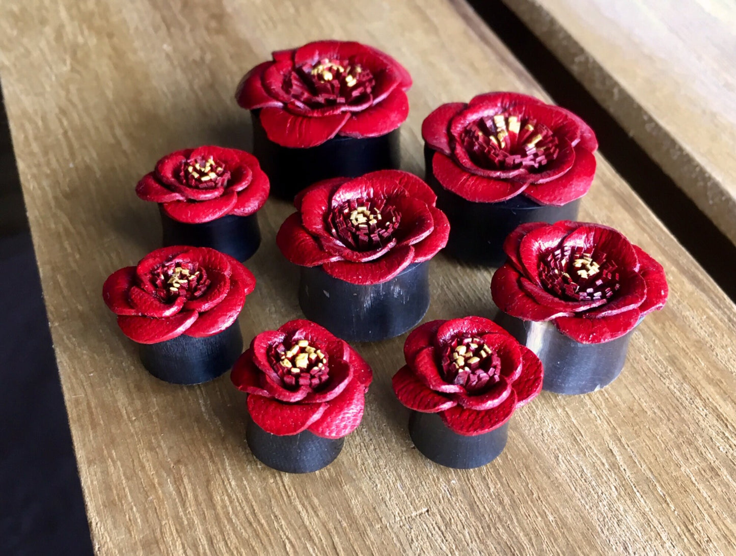 PAIR of Red Leather Flower & Organic Horn Plugs - 10mm up to 15/16" (24mm) available!