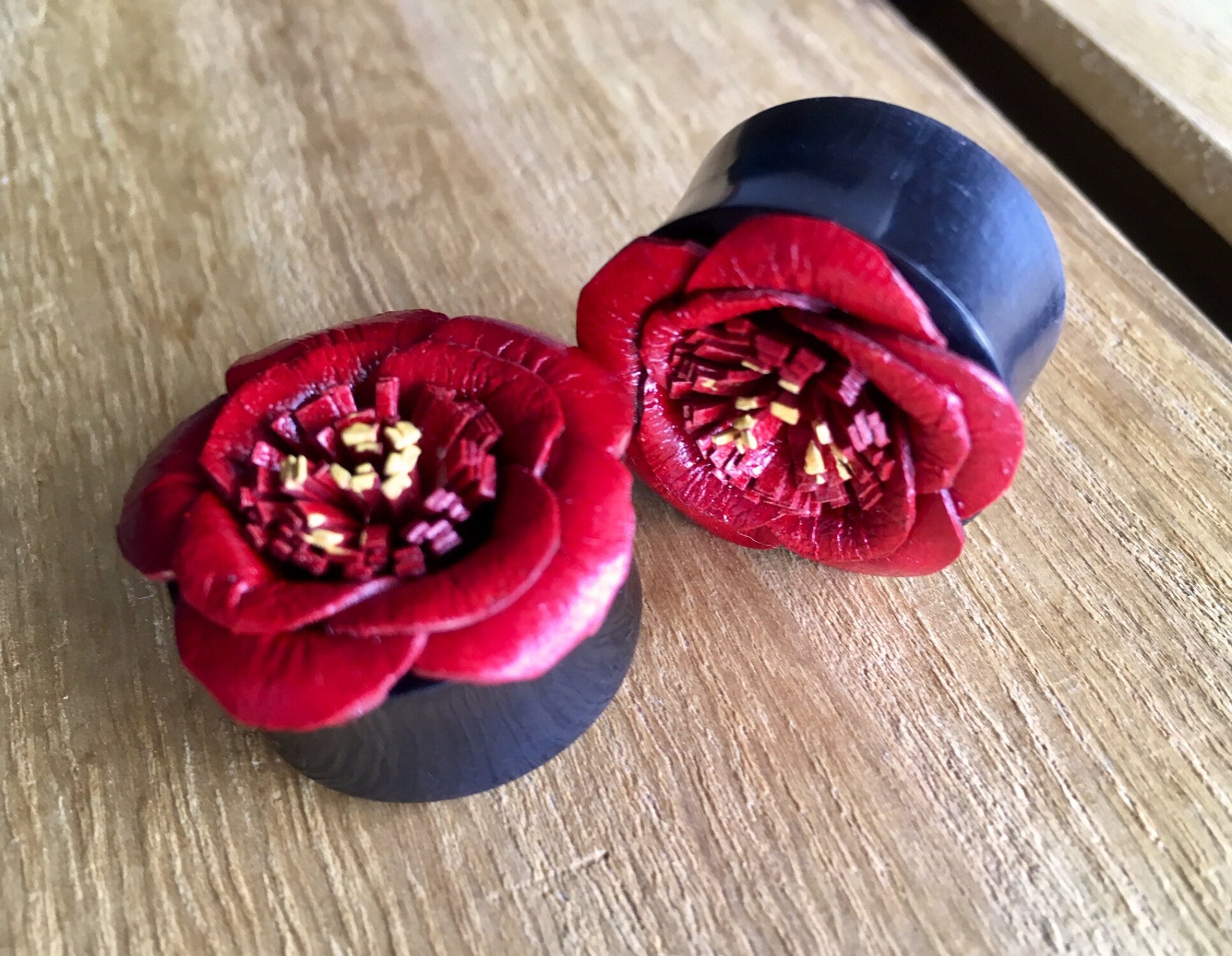 PAIR of Red Leather Flower & Organic Horn Plugs - 10mm up to 15/16" (24mm) available!