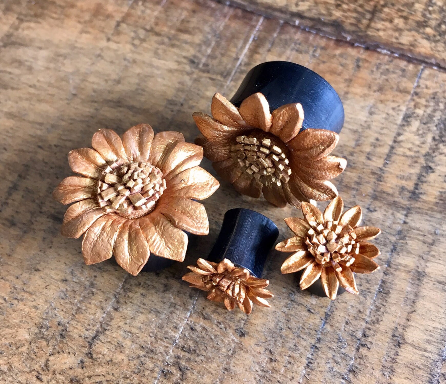 PAIR of Beautiful Gold Leather Flower & Organic Horn Plugs - Gauges 0g (8mm) up to 5/8" (16mm) available!