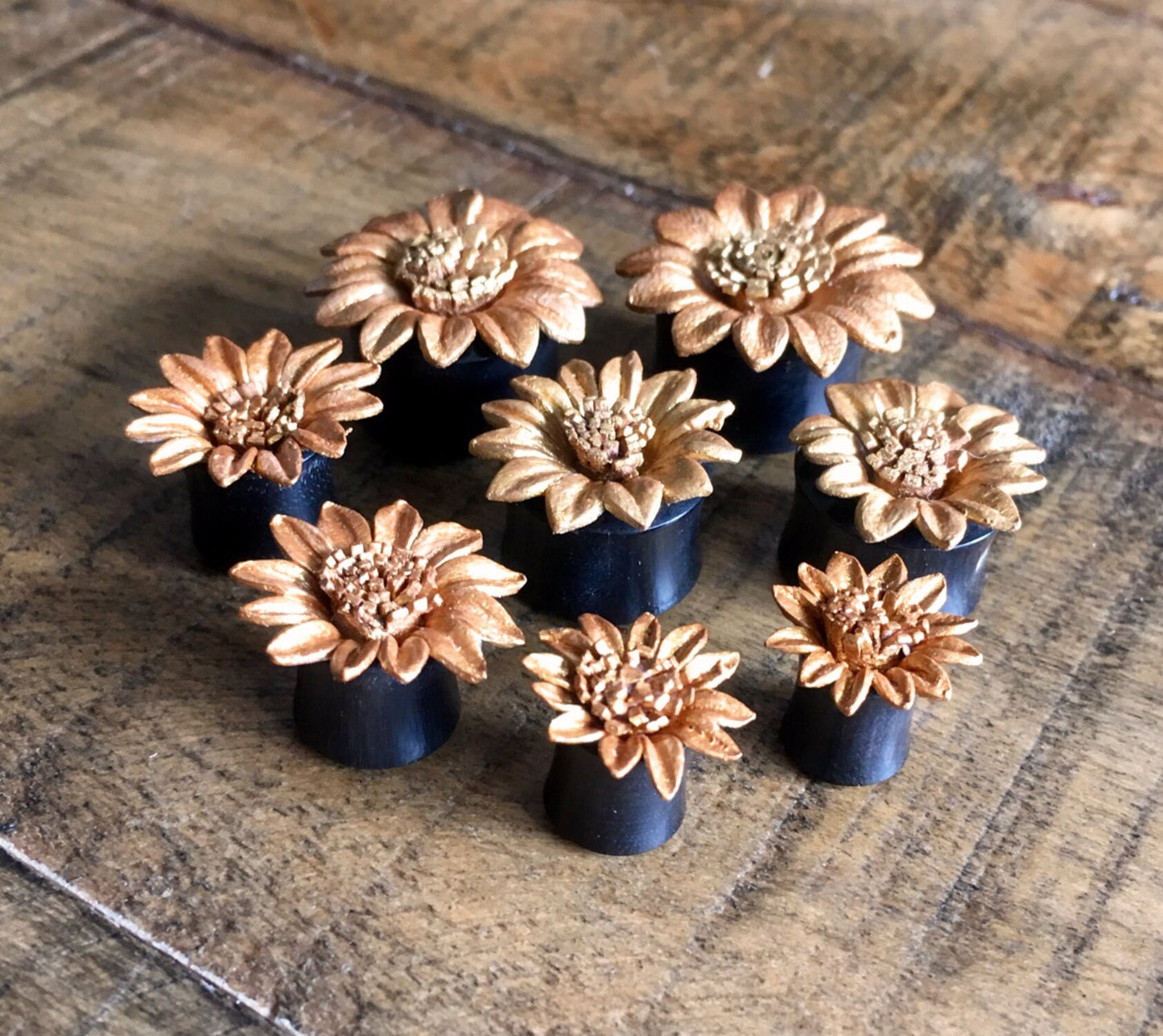 PAIR of Beautiful Gold Leather Flower & Organic Horn Plugs - Gauges 0g (8mm) up to 5/8" (16mm) available!