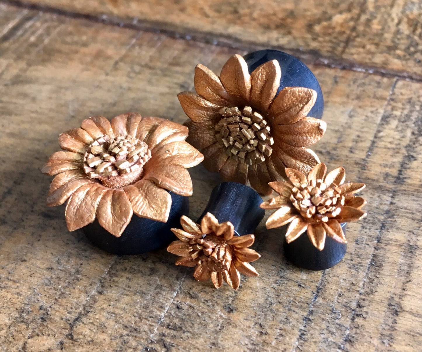 PAIR of Beautiful Gold Leather Flower & Organic Horn Plugs - Gauges 0g (8mm) up to 5/8" (16mm) available!